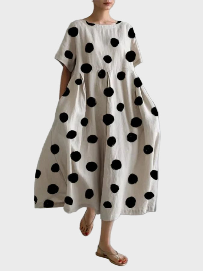 Kleid Damen Gepunktet Weiter Schnitt Weiss Schwarz – Charme der Punkte