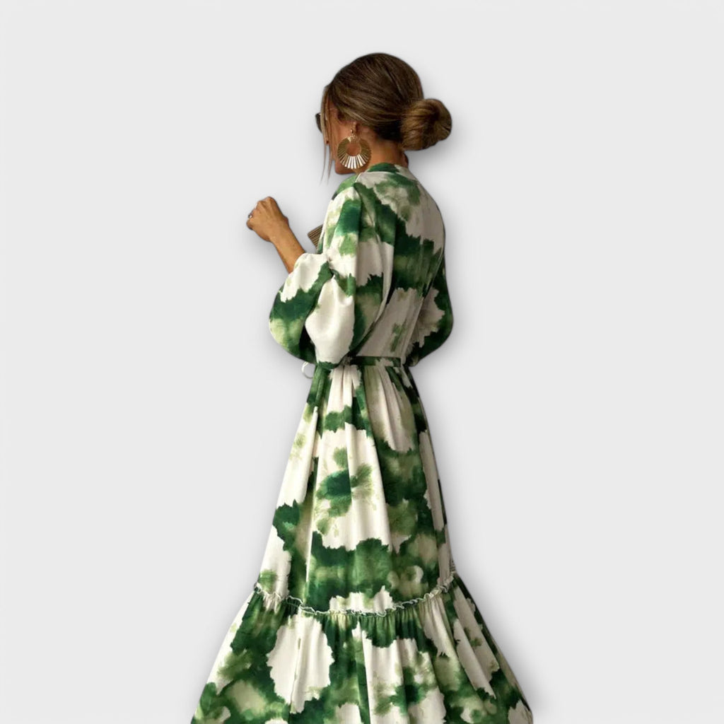 Melina - Grünes Maxi-Kleid mit langen Ärmeln und V-Ausschnitt