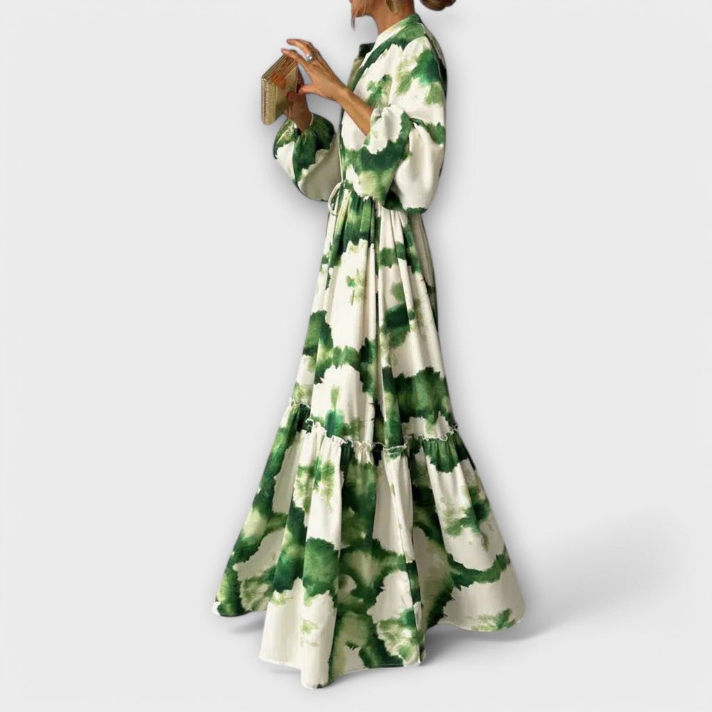 Melina - Grünes Maxi-Kleid mit langen Ärmeln und V-Ausschnitt