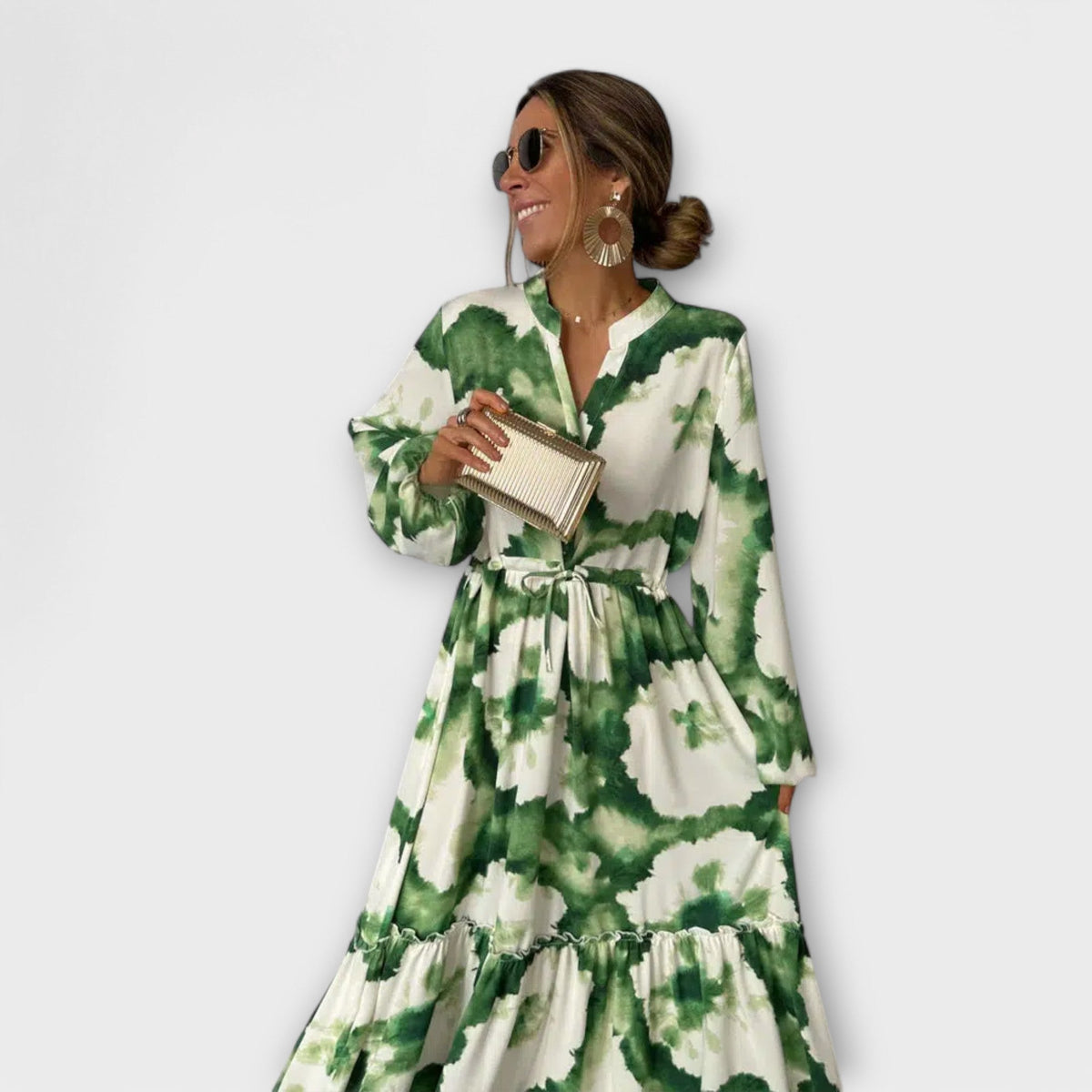 Melina - Grünes Maxi-Kleid mit langen Ärmeln und V-Ausschnitt