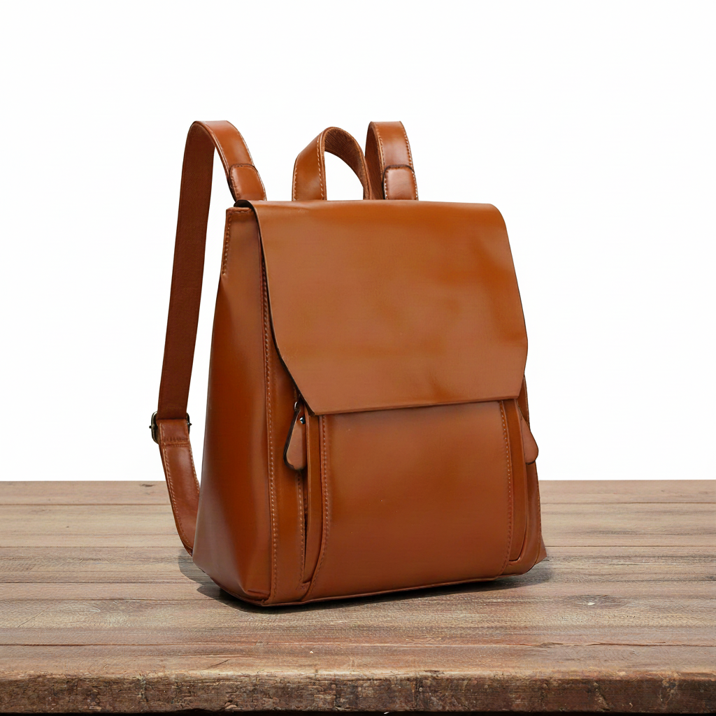 Rucksack Damen Leder Steppdesign Verstellbare Träger Karamell Schwarz Weinrot – Clara