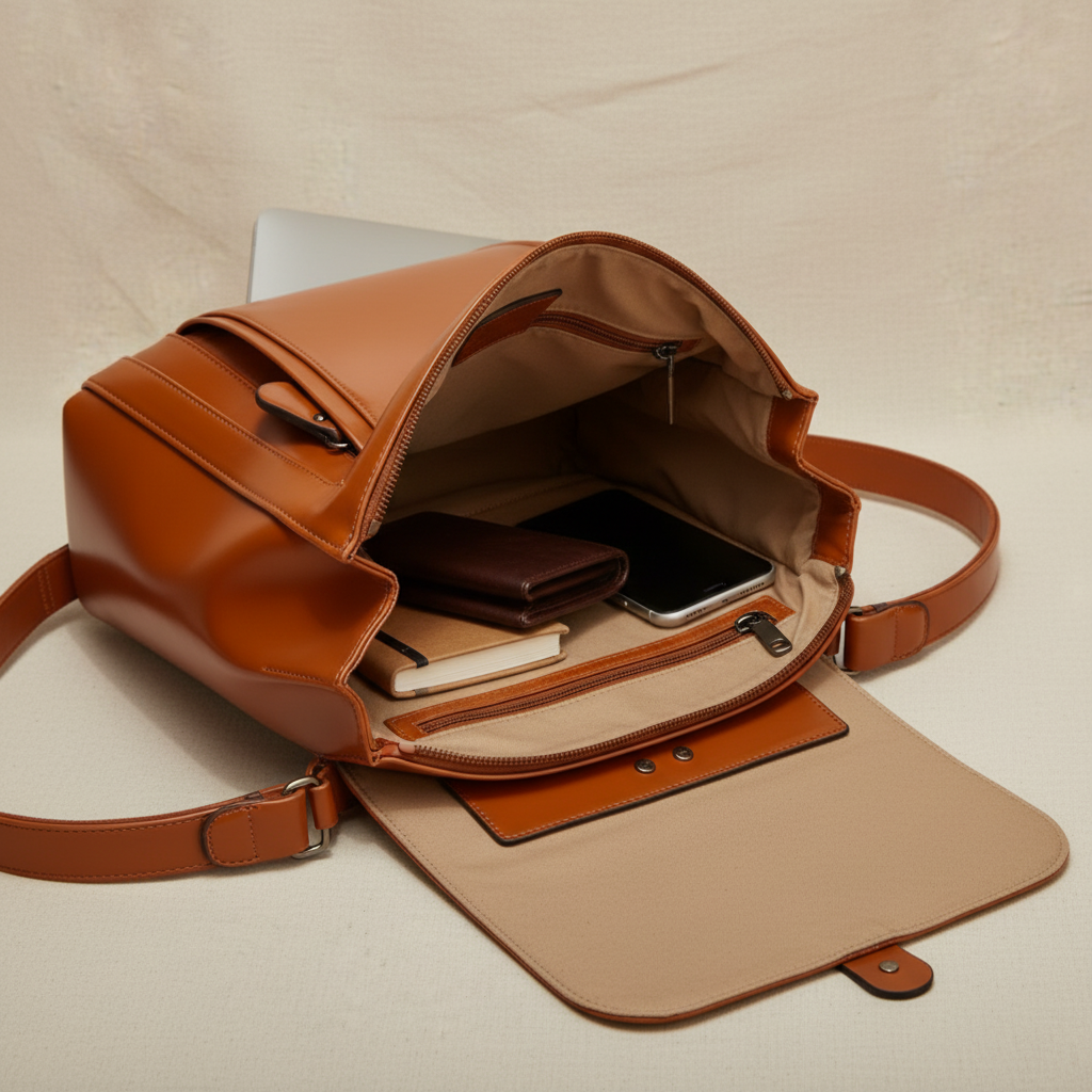 Rucksack Damen Leder Steppdesign Verstellbare Träger Karamell Schwarz Weinrot – Clara
