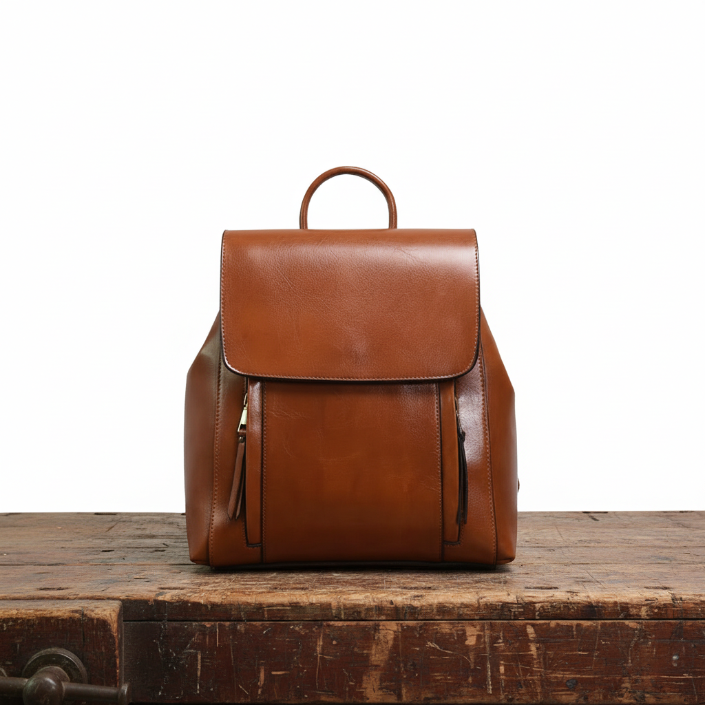 Lederrucksack Damen Echtleder Laptopfach 15,6 Zoll Karamell Dunkelbraun Schwarz – Theo