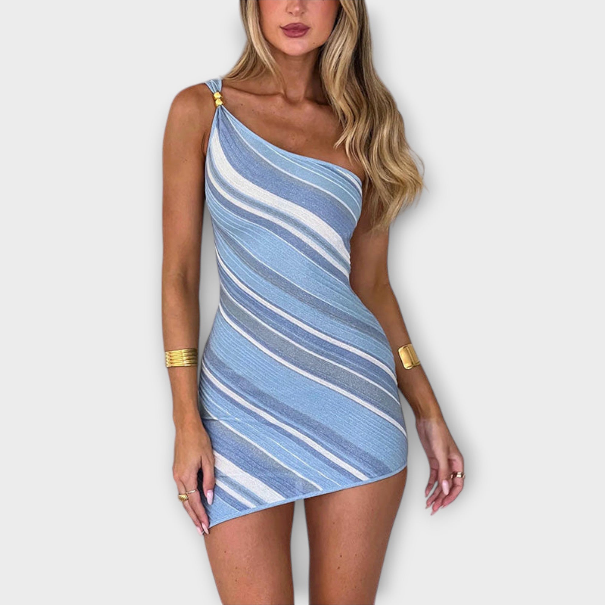 Kira - Trendy Ein-Schulter Strick Mini Kleid