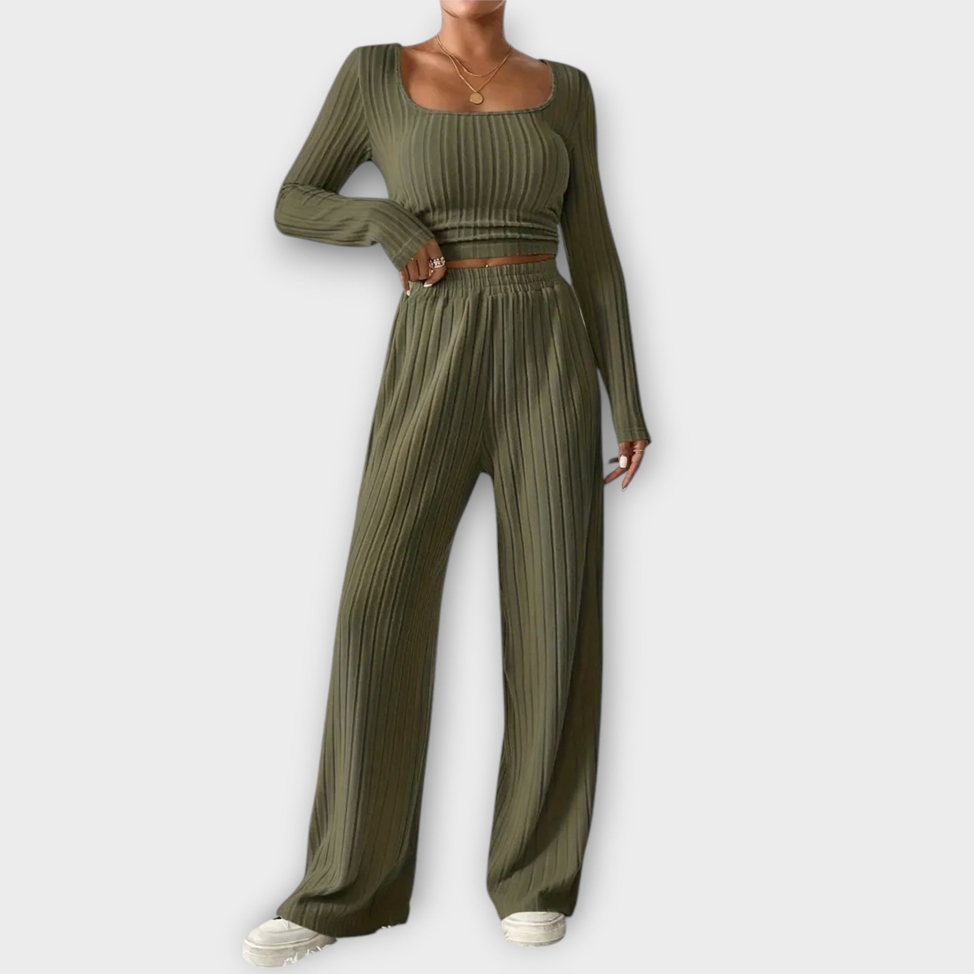 Zweiteiler Damen Herbst und Winter Strick Beige Grau Oliv – Sophia