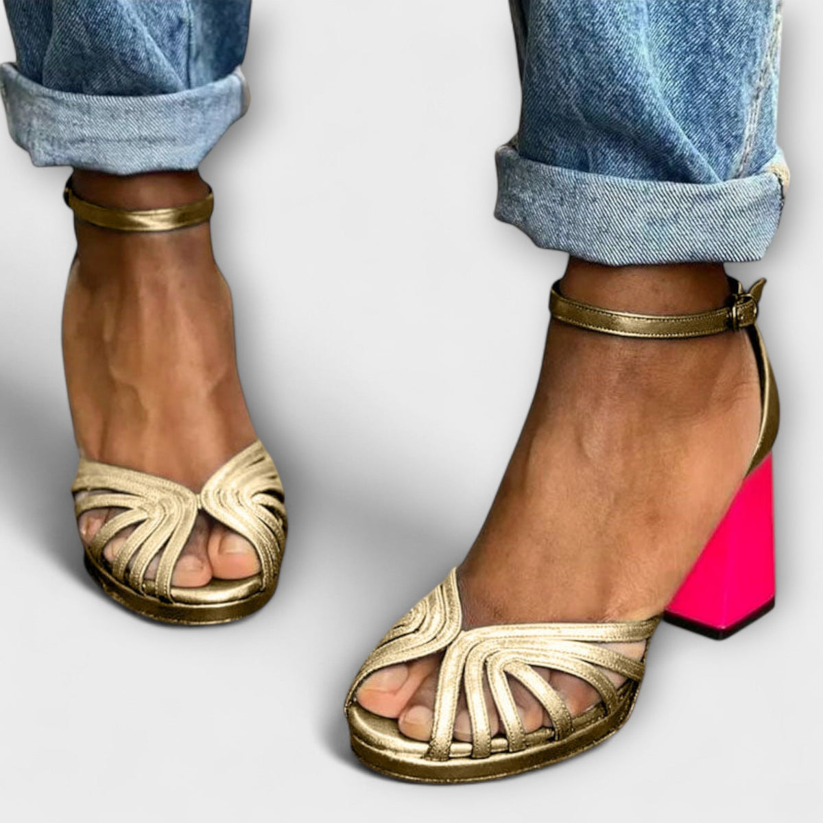 Pumps Damen Blockabsatz Metallic-Optik Gold Rosa – Milviana