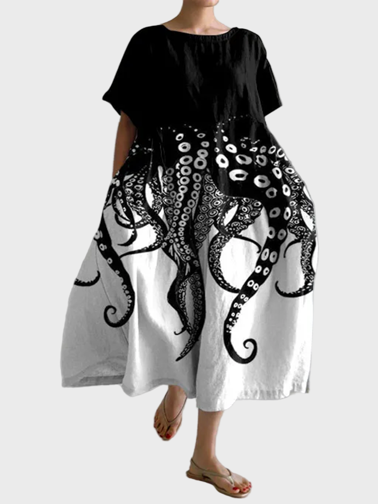Kleid Damen Krakenmuster Weiter Schnitt Schwarz Weiss – Ozeanisches Geheimnis