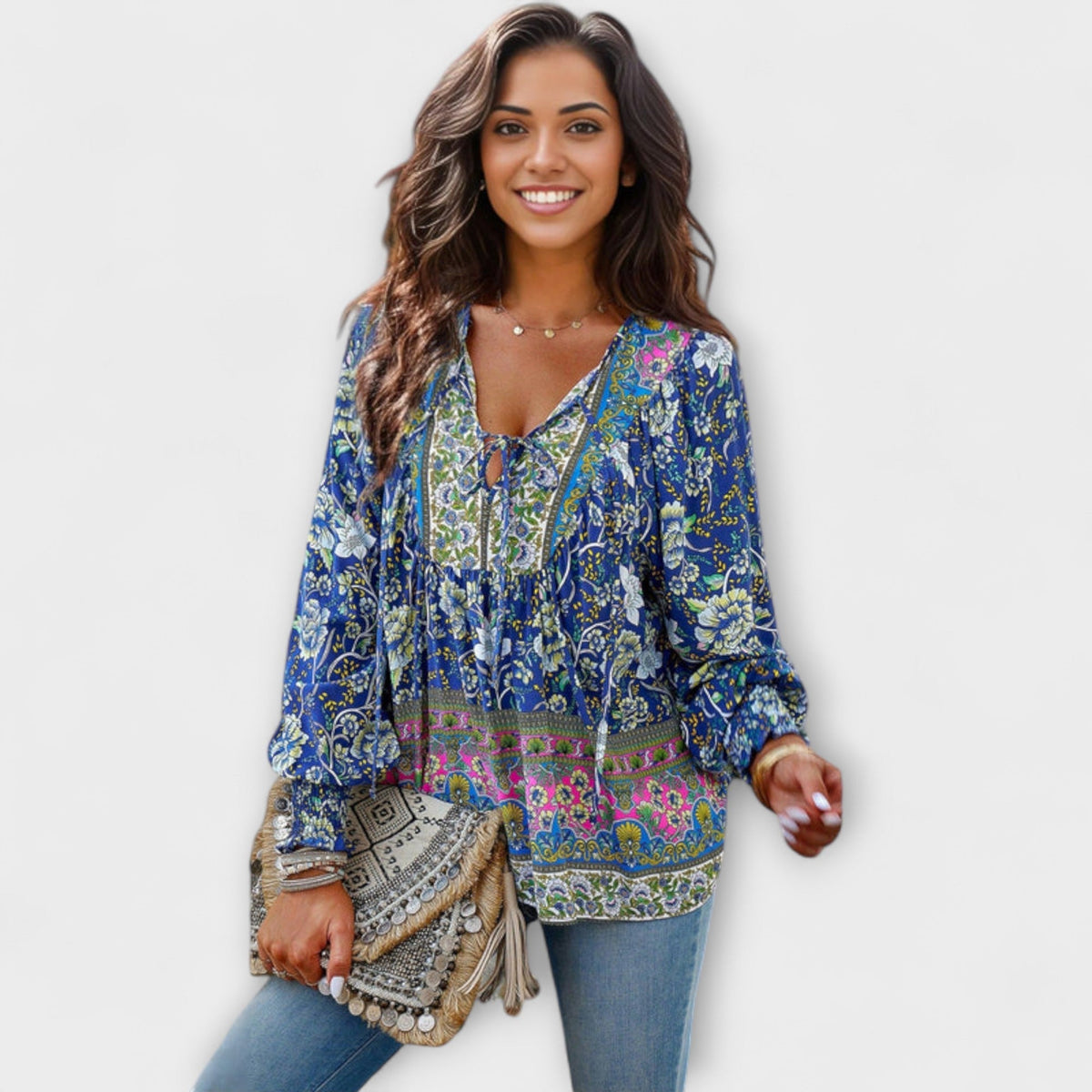 Bluse Damen V-Ausschnitt Bindefront Boho Marineblau Grün Pink – Melodie