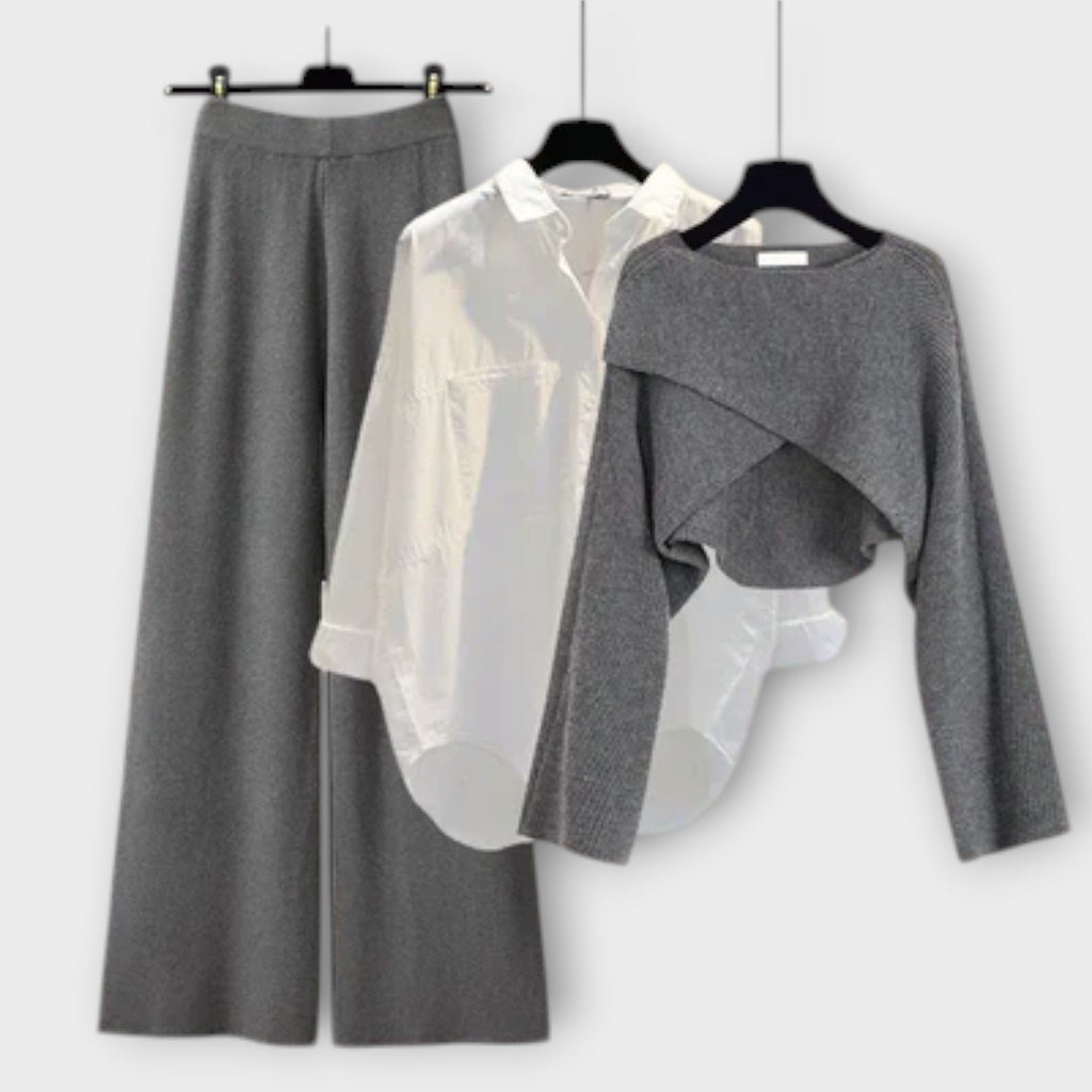 Dreiteiler Damen Pullover Bluse Weite Hose Grau Braun – Sandra