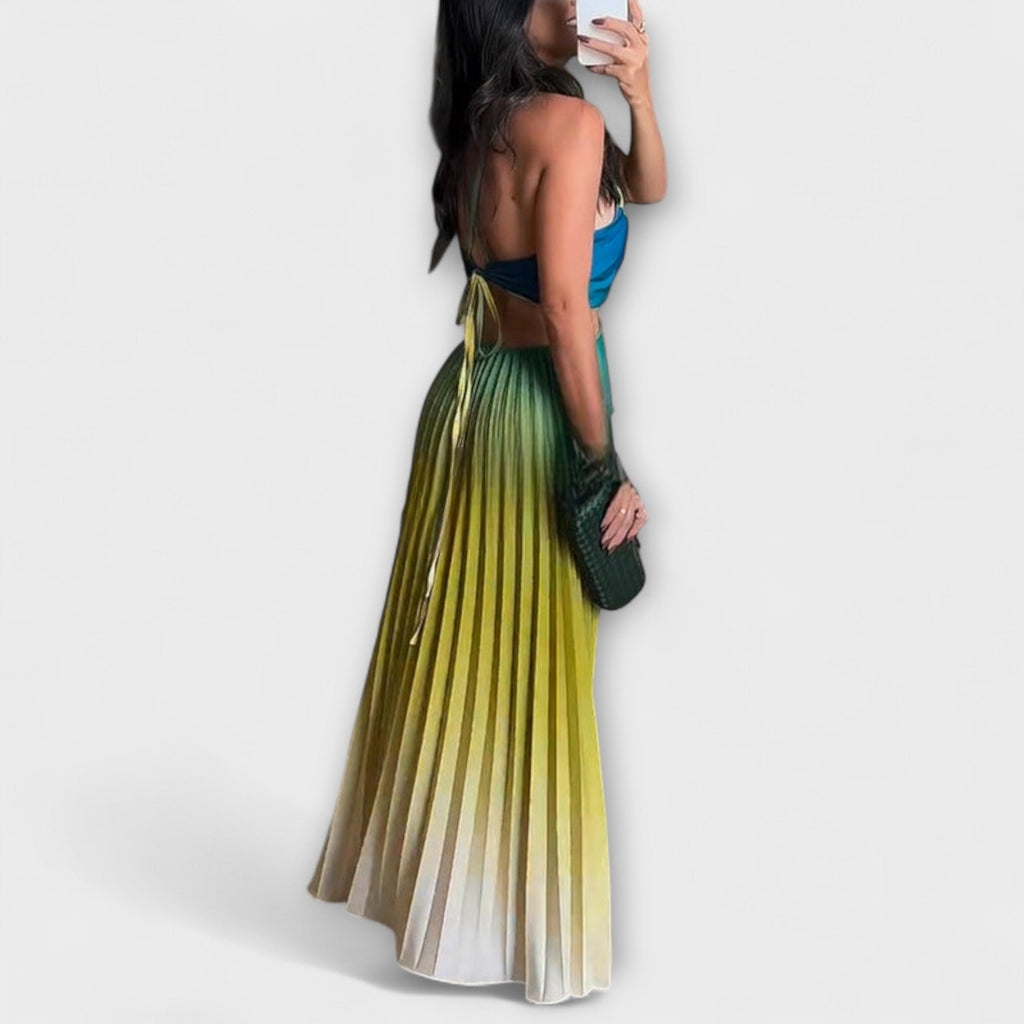 Haven - Schickes Rückfreies Krawatten-Gradient Faltenmaxikleid