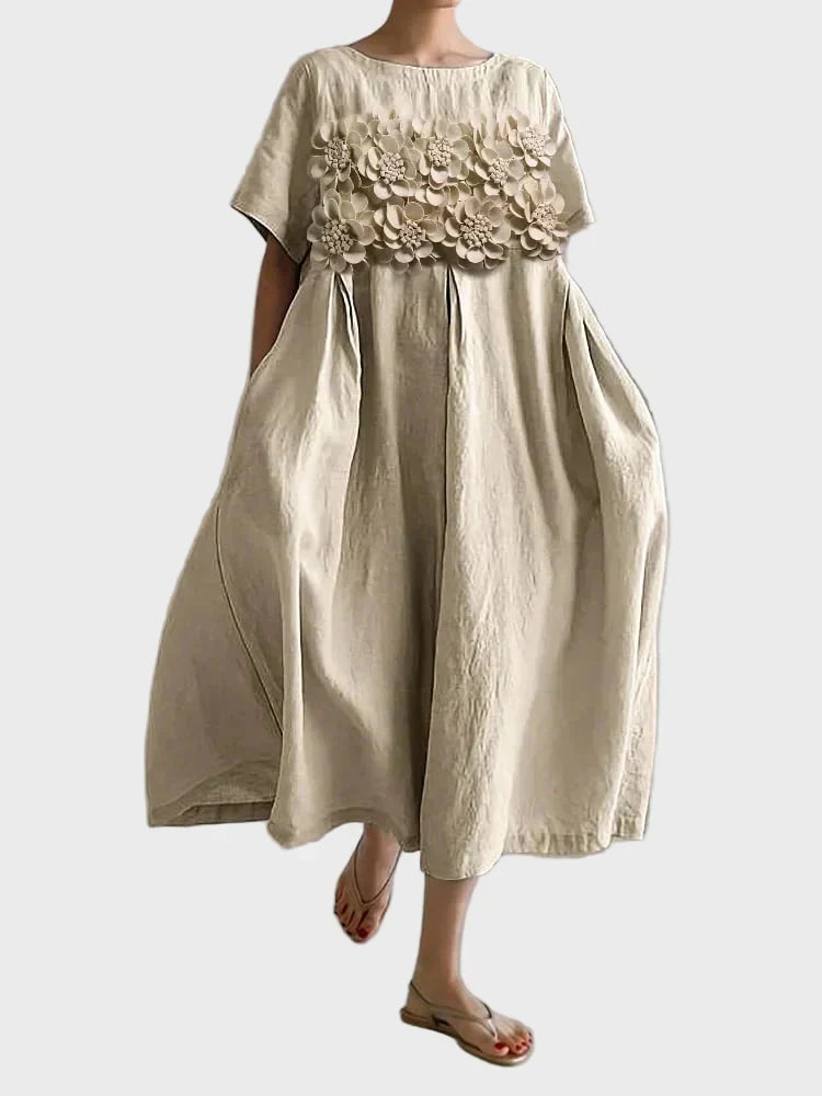 Midikleid Damen 3D-Blumen Lockerer Schnitt Beige Rosa Khaki