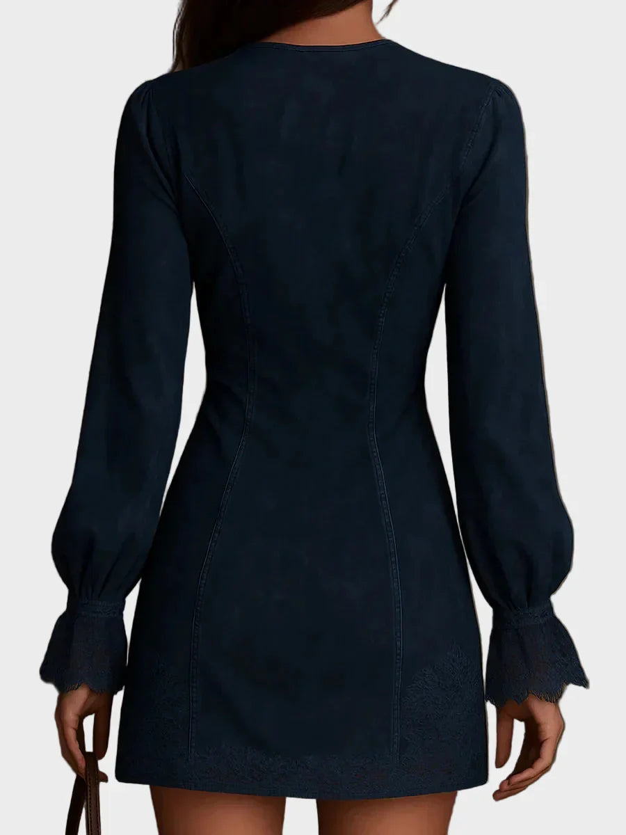 Jasmine - Blaues Minikleid aus Wildleder mit Spitze