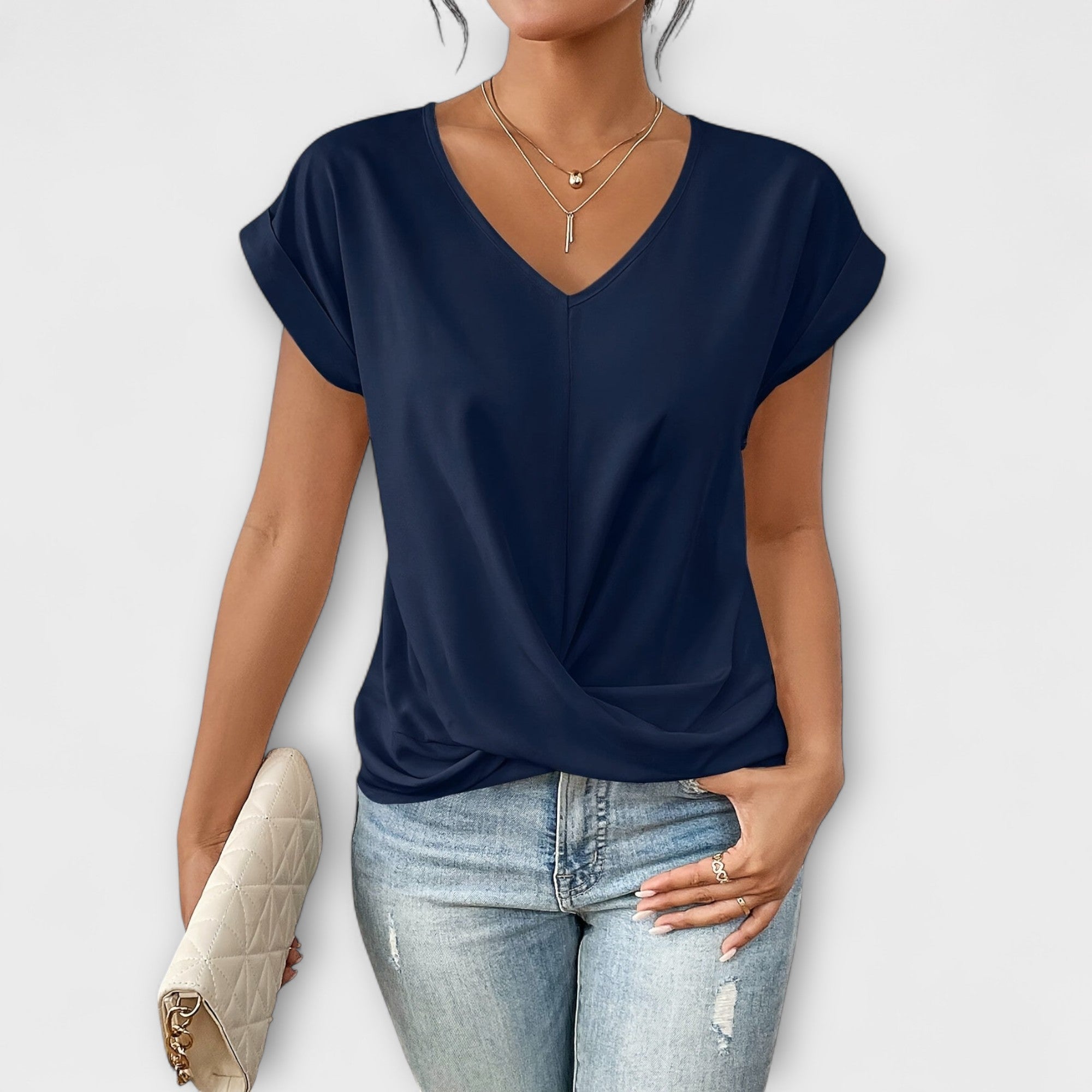 Bluse Damen V-Ausschnitt Knopfdetail Rosa Schwarz Rot Blau – Eloise