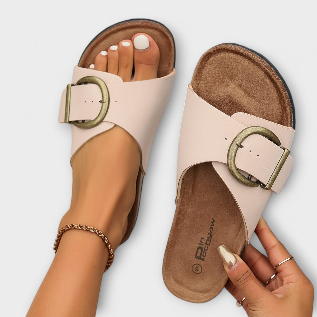 Pantoletten Damen Kork-Fussbett Schnallenriemen Schwarz Khaki – Margie