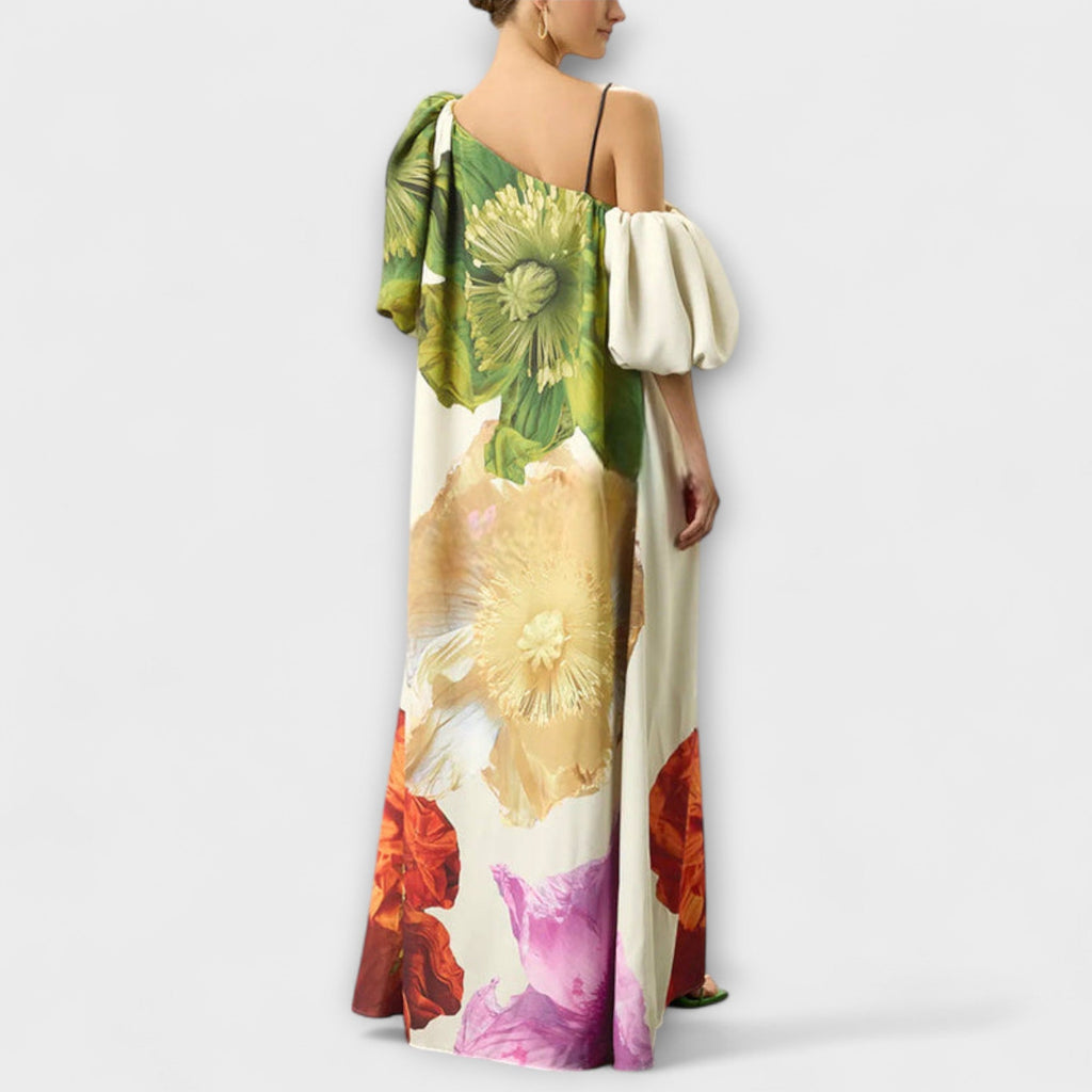 Skylar - Maxikleid mit Blumendruck, schrägem Kragen und Puffärmeln