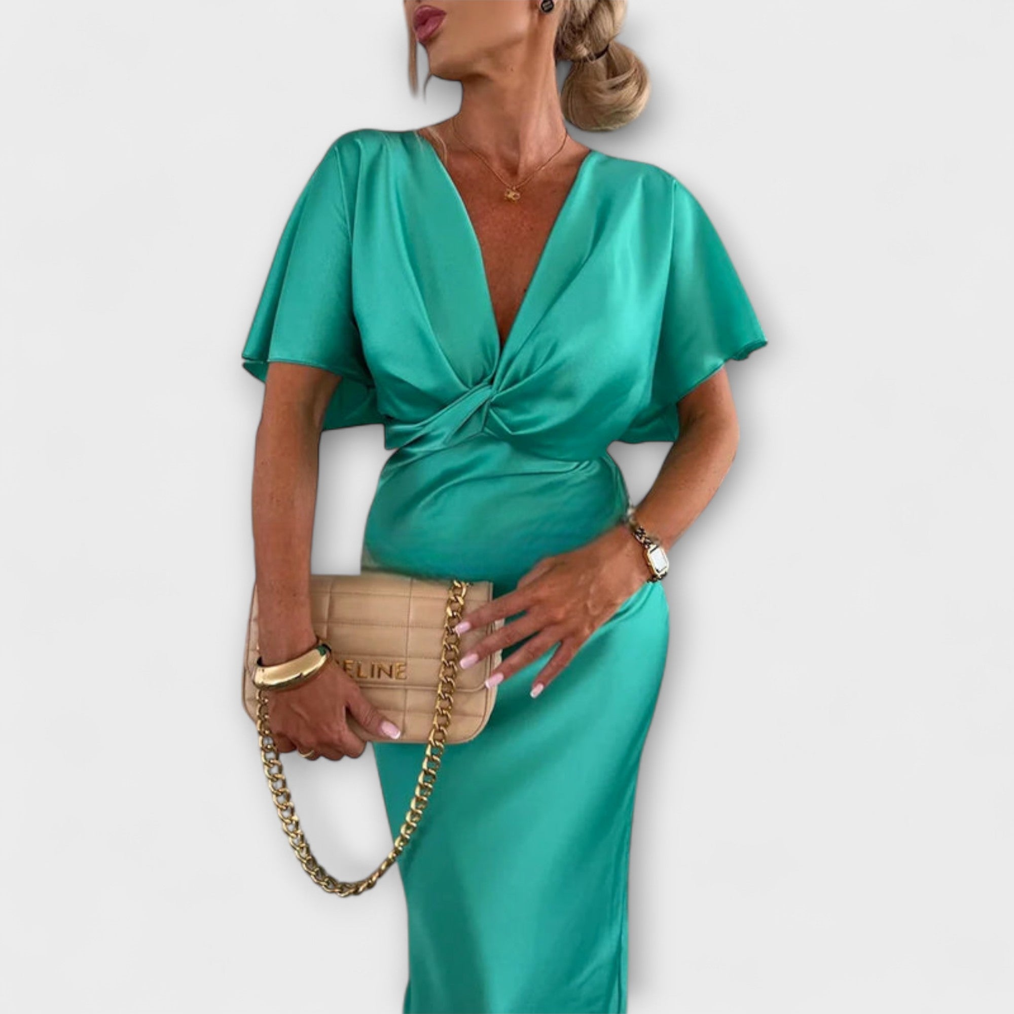 Sable - Solides Satin V-Ausschnitt Kreuzknoten Slim Fit Maxi Kleid