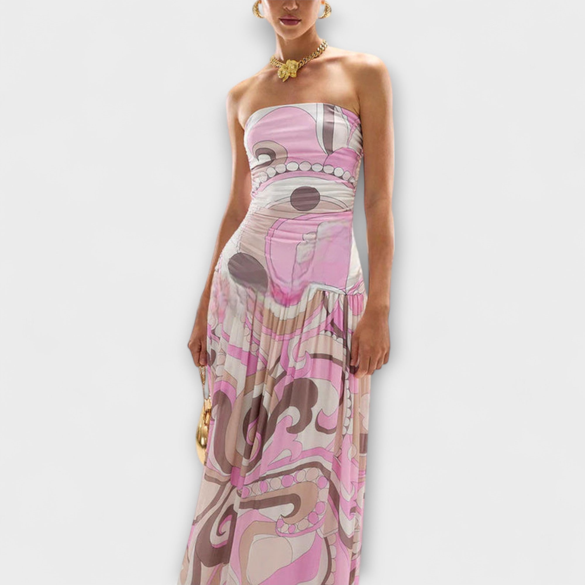 Tatum - Atemberaubendes pastellfarbenes schulterfreies Maxikleid