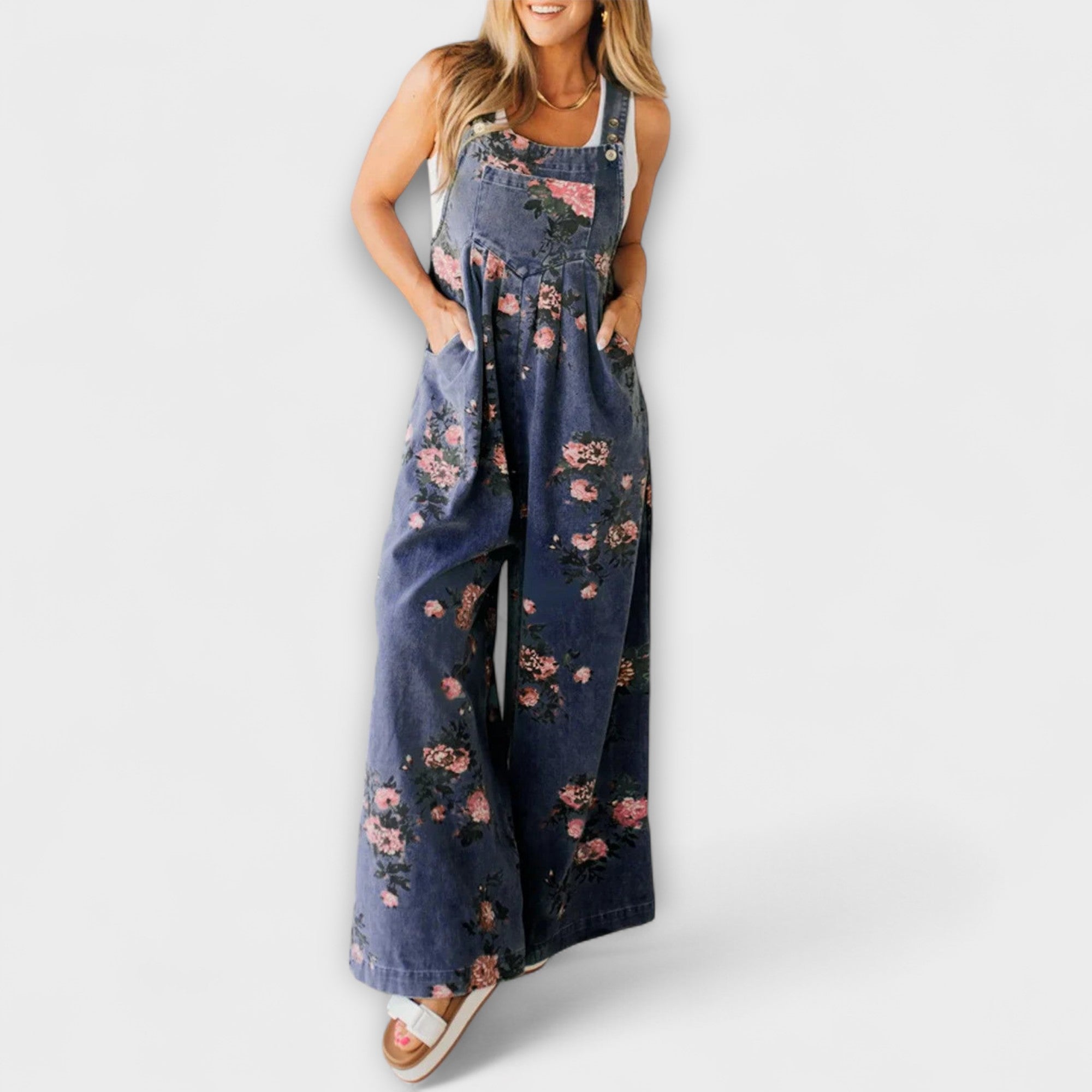 Bethany - Blumenmuster Weite Denim Latzhose