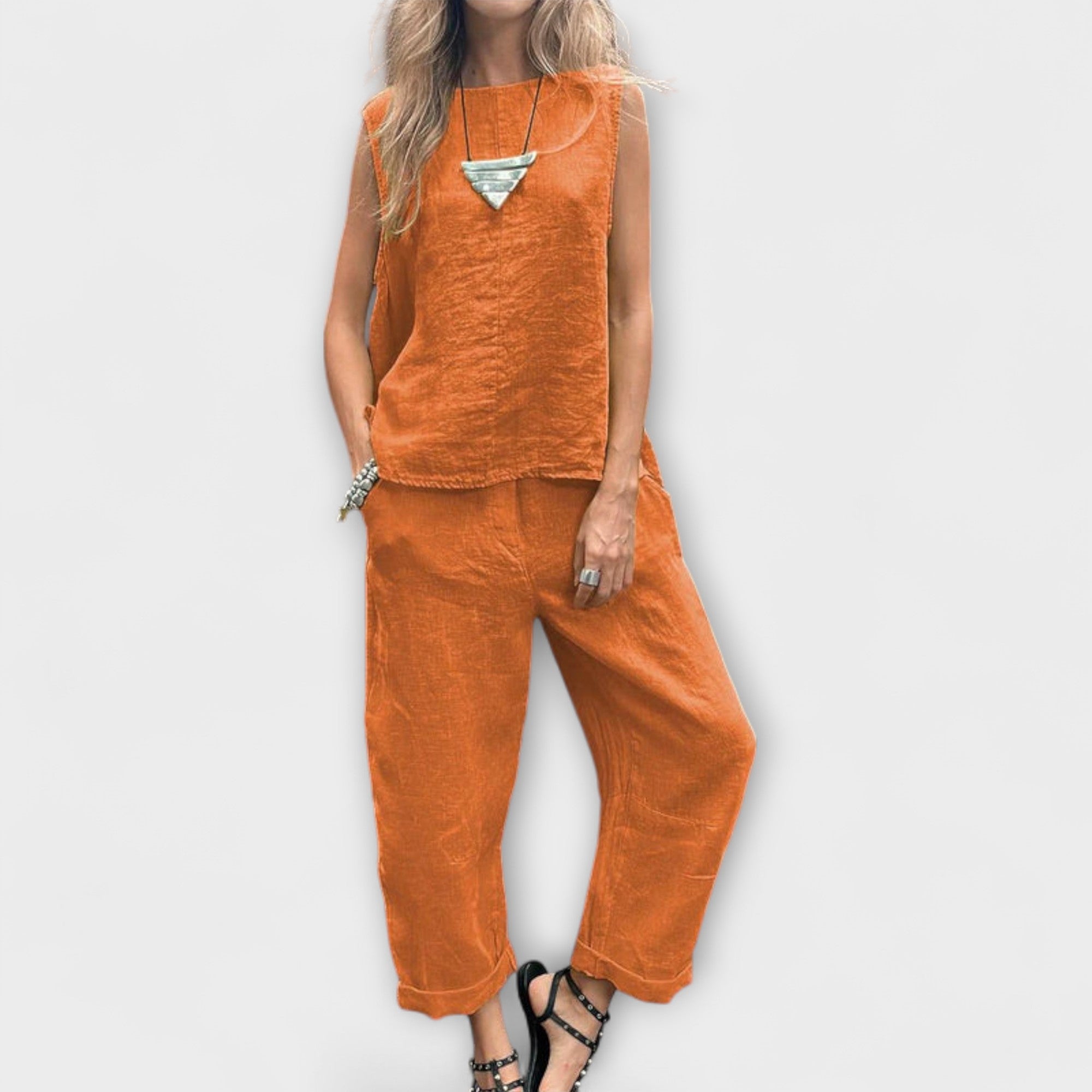 Zweiteiler Damen Baumwoll-Leinen Ärmelloses Top und Hose Khaki Grün – Jennifer