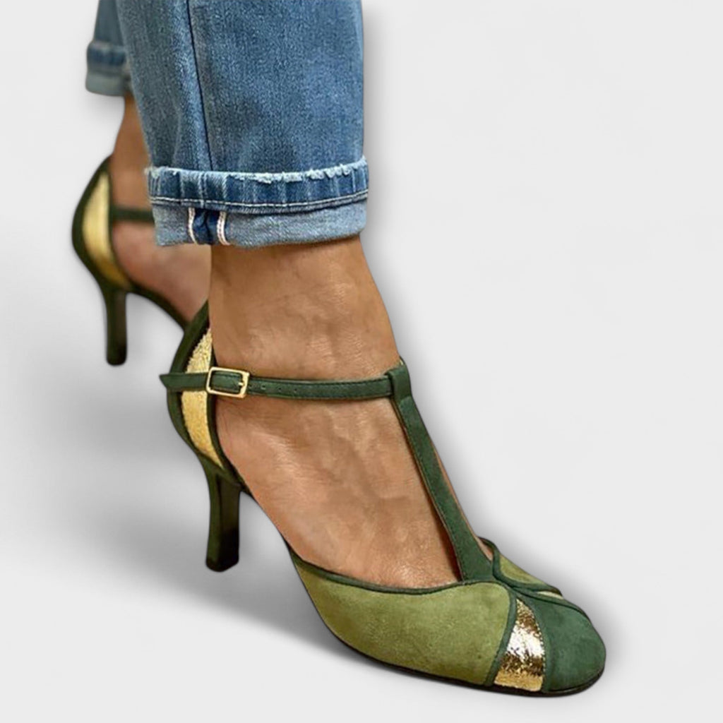 Pumps Damen Patchwork T-Riemen Blockabsatz Grün Beige – Alona