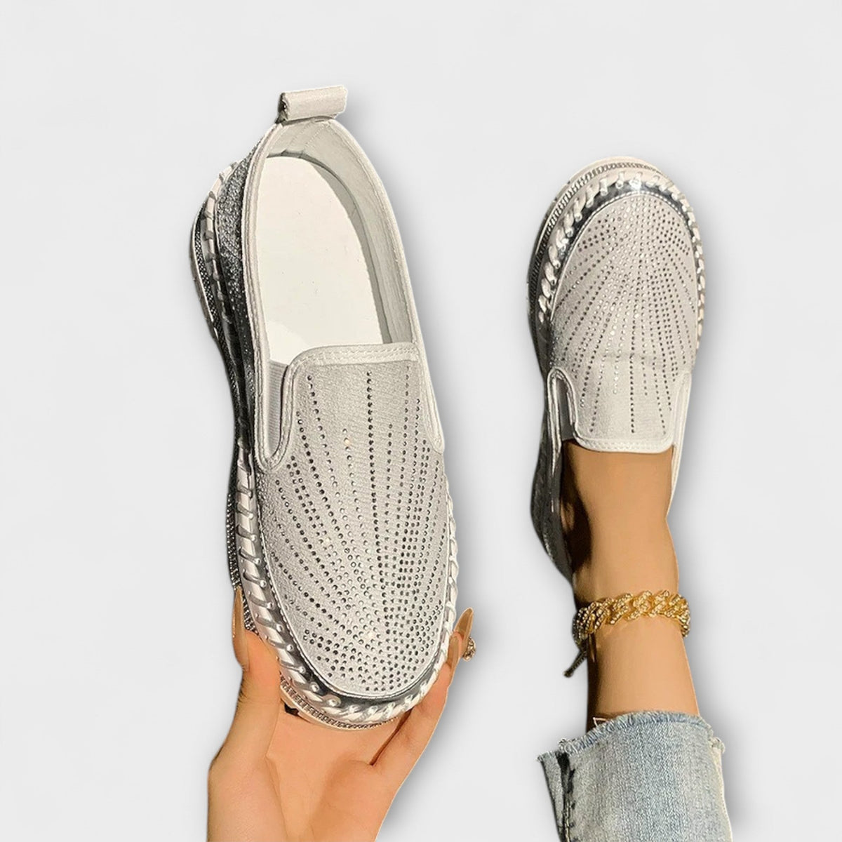 Loafer Damen Strasssteine Verziert Runde Zehenpartie Schwarz – Sable