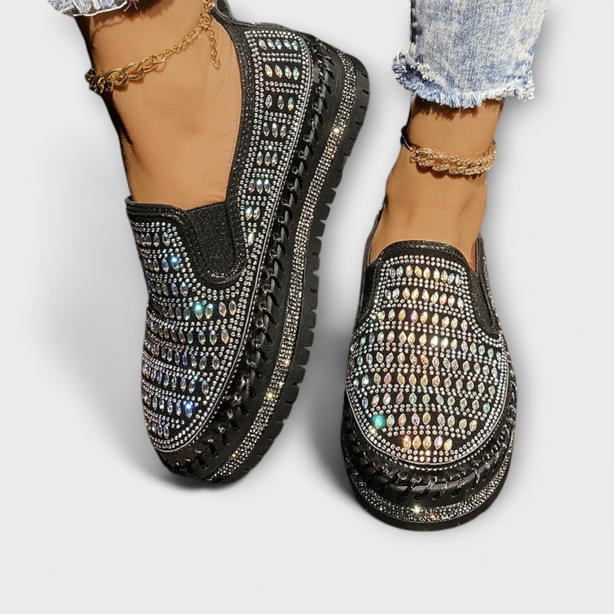 Loafer Damen Strasssteine Runde Zehenpartie Rot Schwarz Gelb – Kenna