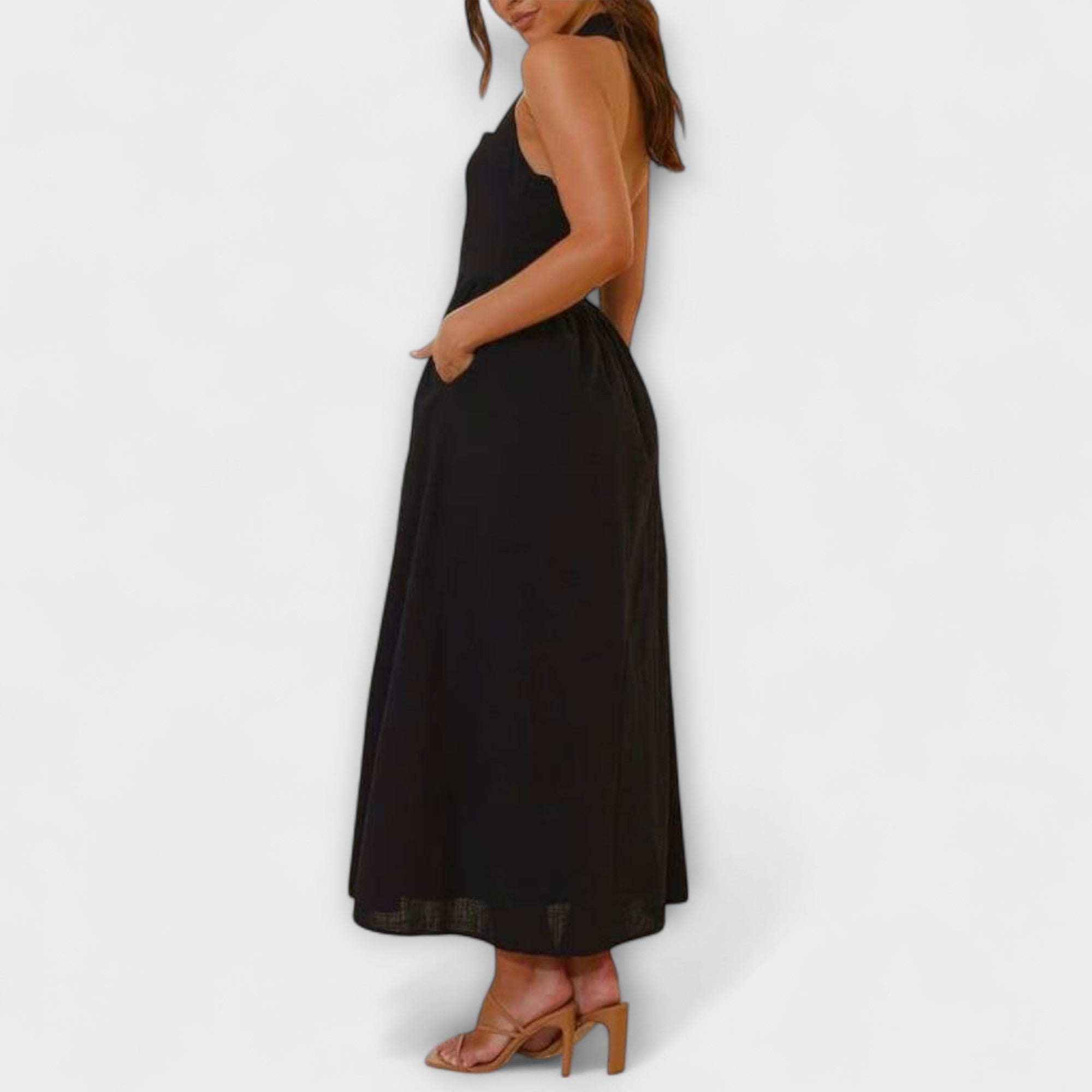 Lydia - Mid-Length Schwarzes Halterkleid mit Taillendetail
