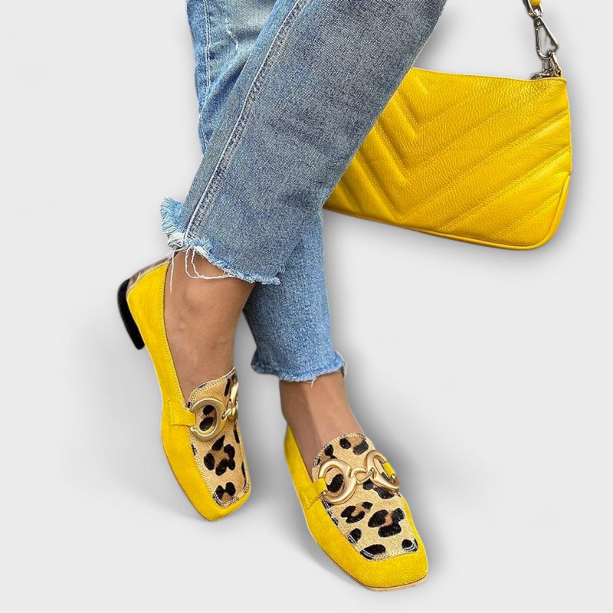 Loafer Damen Leopardenmuster Metallschnalle Runde Zehenpartie – Calienne