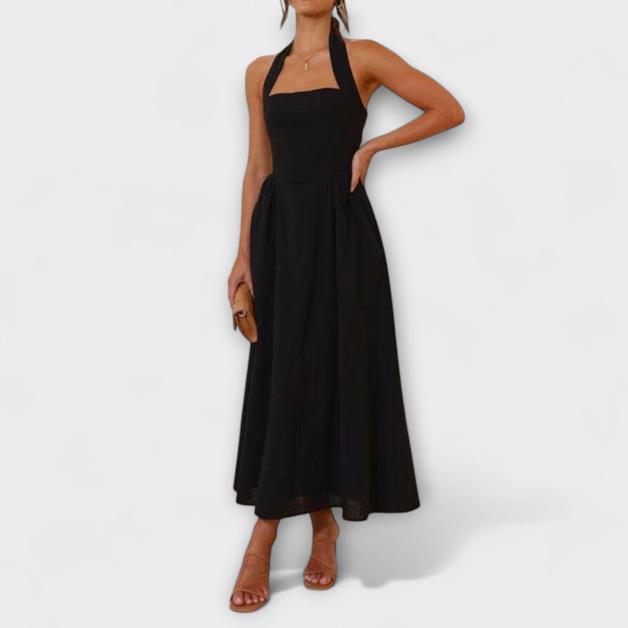 Lydia - Mid-Length Schwarzes Halterkleid mit Taillendetail
