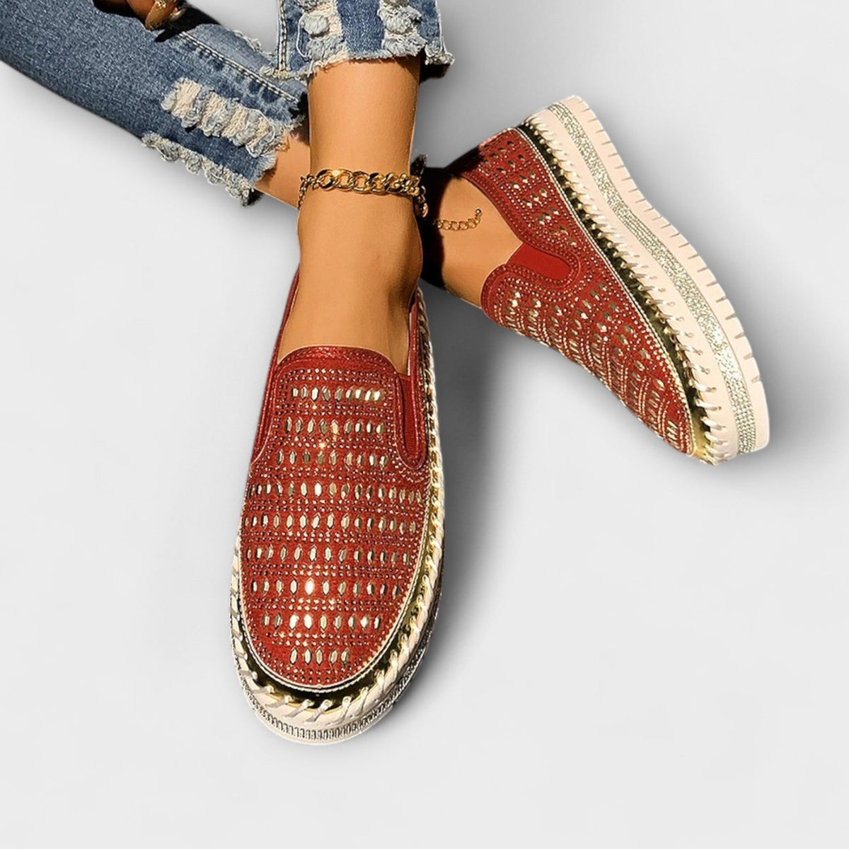 Loafer Damen Strasssteine Runde Zehenpartie Rot Schwarz Gelb – Kenna