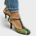 Pumps Damen Stiletto Geschlossene Spitze T-Riemen Schnalle Grün – Mary