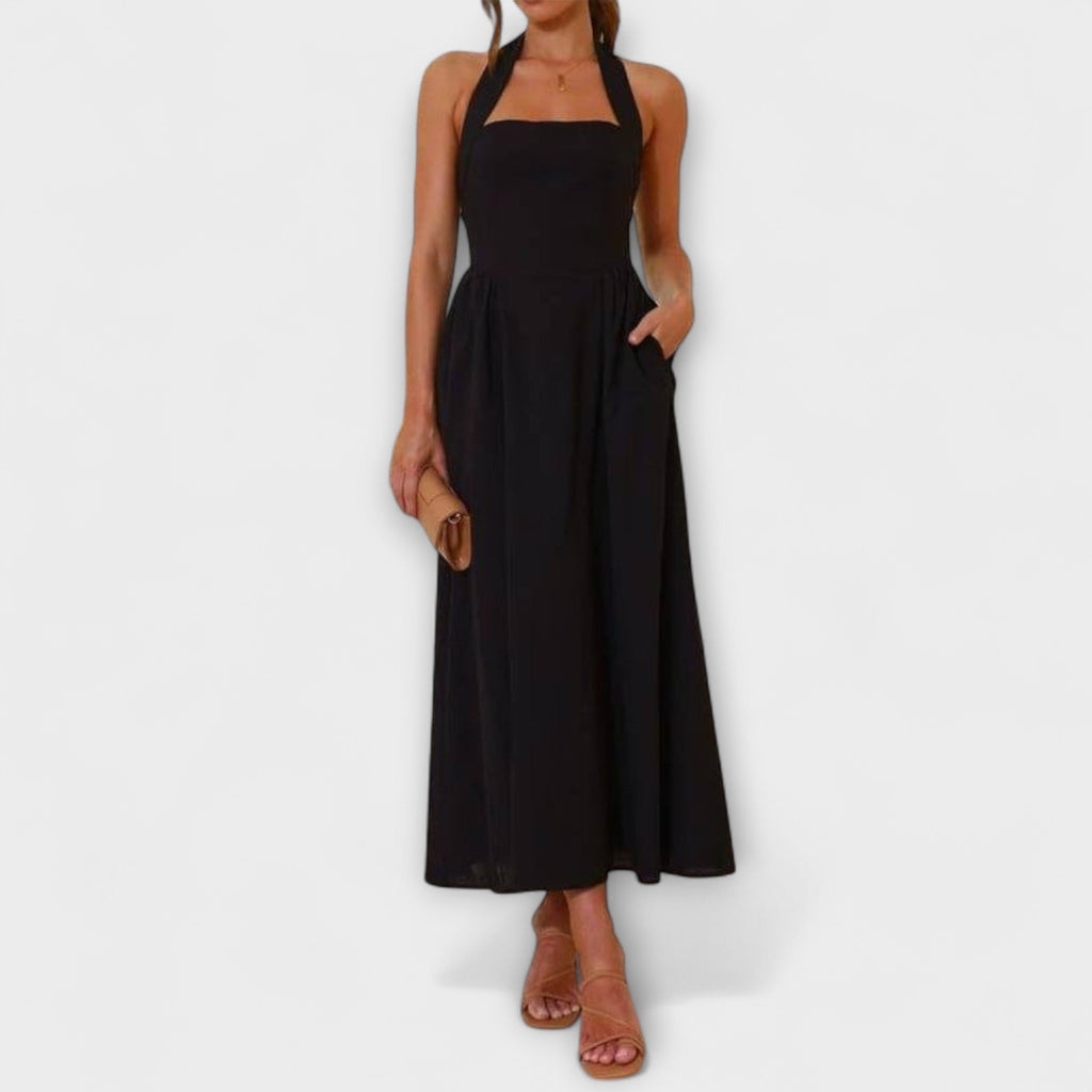 Lydia - Mid-Length Schwarzes Halterkleid mit Taillendetail