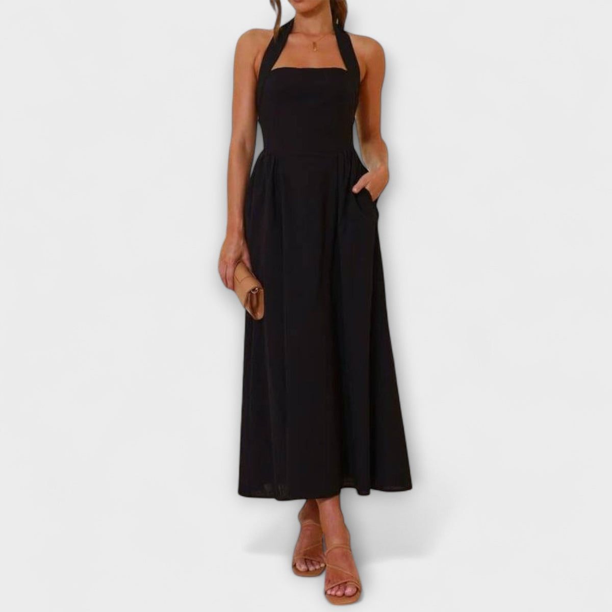 Lydia - Mid-Length Schwarzes Halterkleid mit Taillendetail