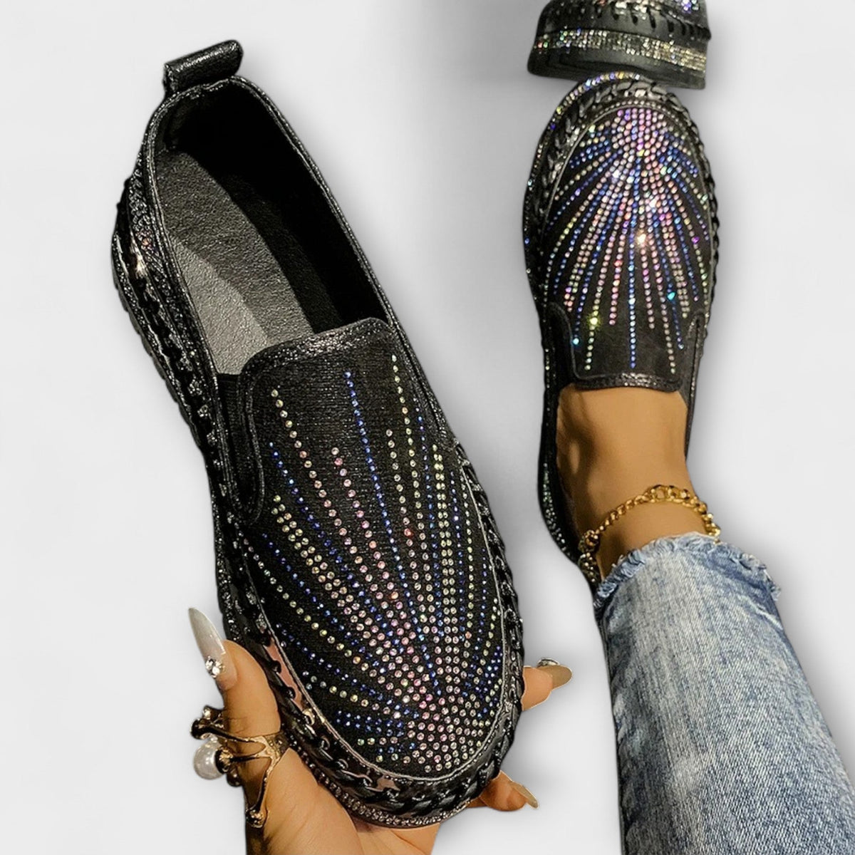 Loafer Damen Strasssteine Verziert Runde Zehenpartie Schwarz – Sable