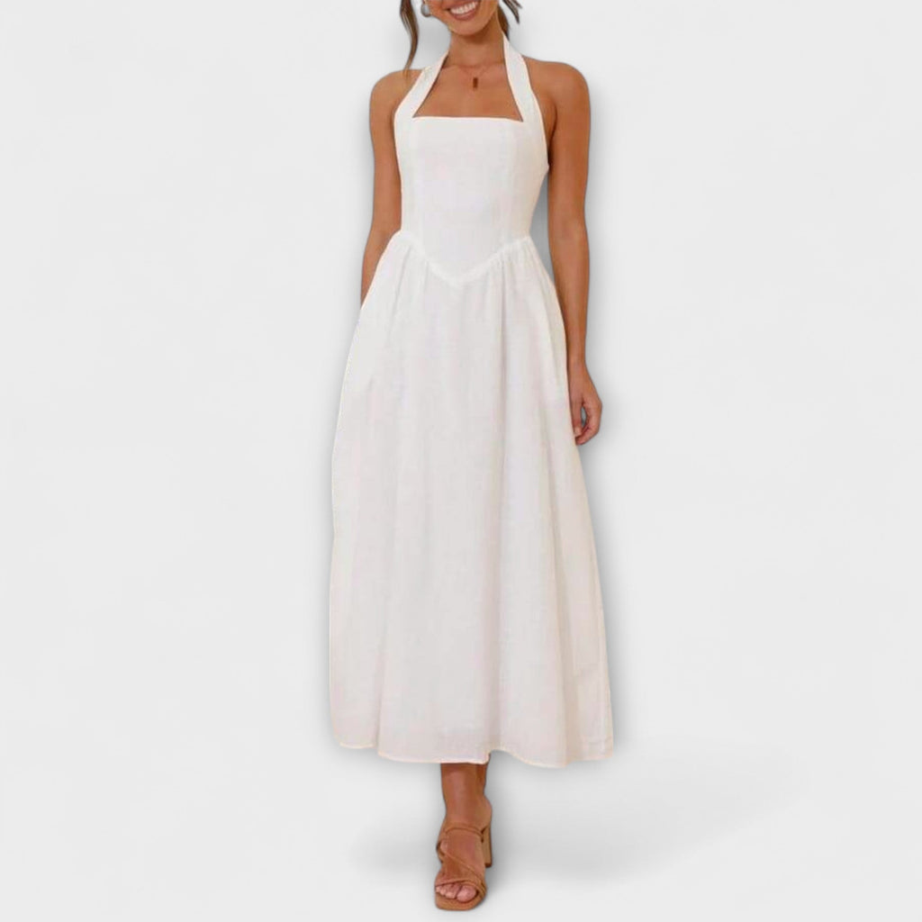 Lydia - Mid-Length Schwarzes Halterkleid mit Taillendetail