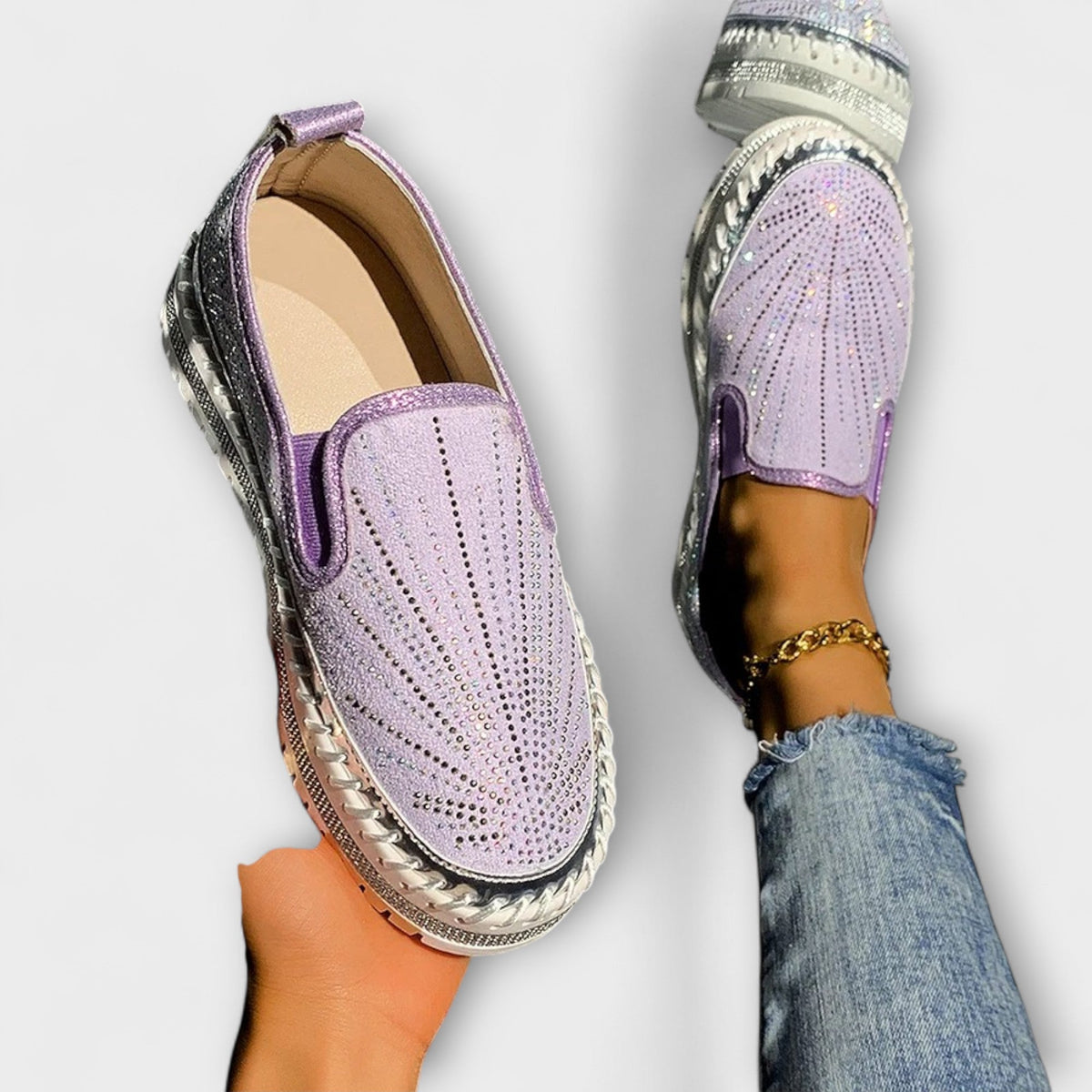 Loafer Damen Strasssteine Verziert Runde Zehenpartie Schwarz – Sable