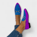Ballerinas Damen Farbblock Metallschnalle Spitz Matt Blau – Vesper