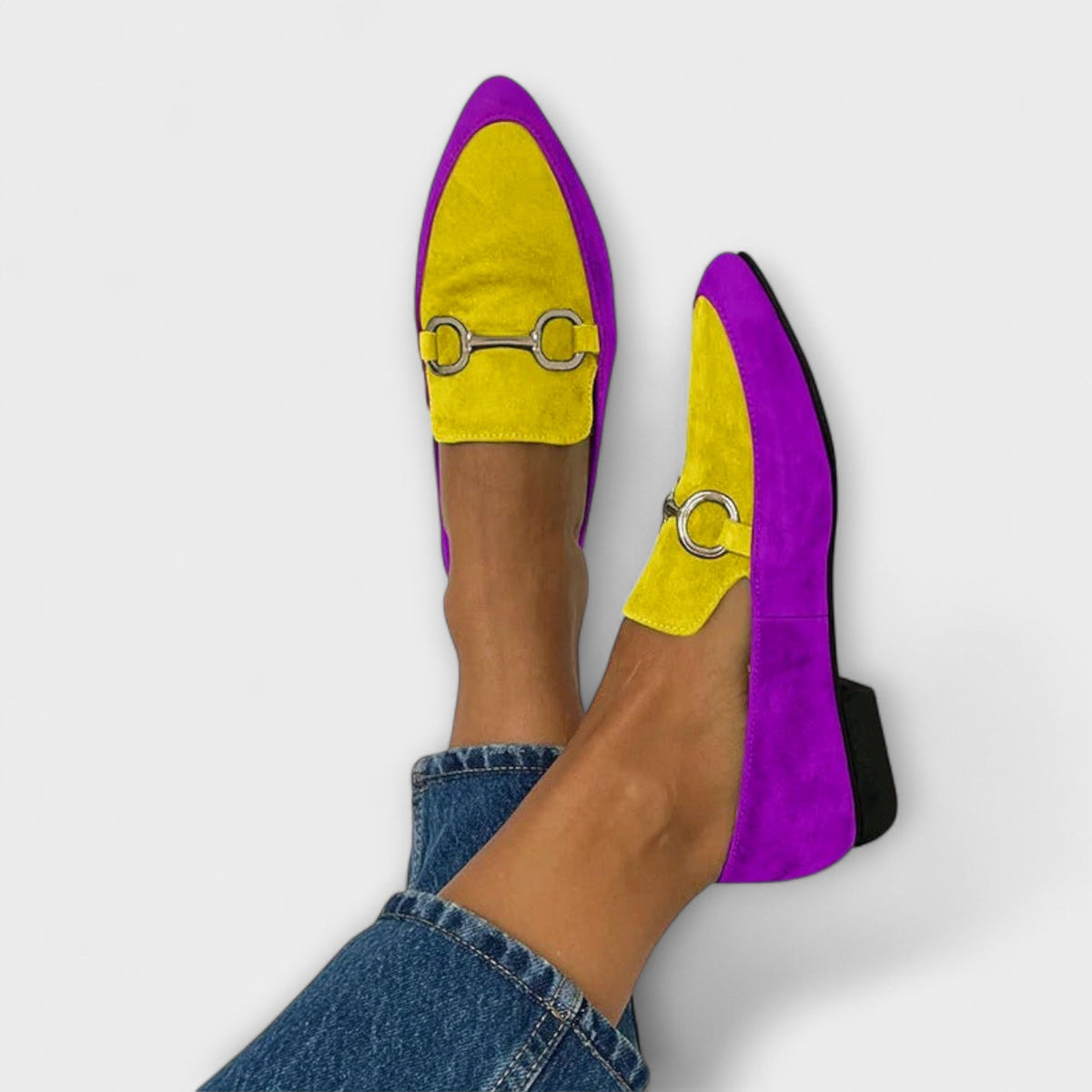 Ballerinas Damen Farbblock Metallschnalle Spitz Matt Blau – Vesper