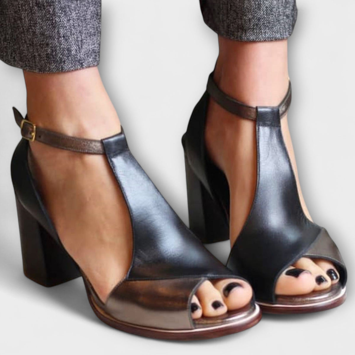 Pumps Damen T-Steg Offene Spitze Bequem Blockabsatz – Nadaria