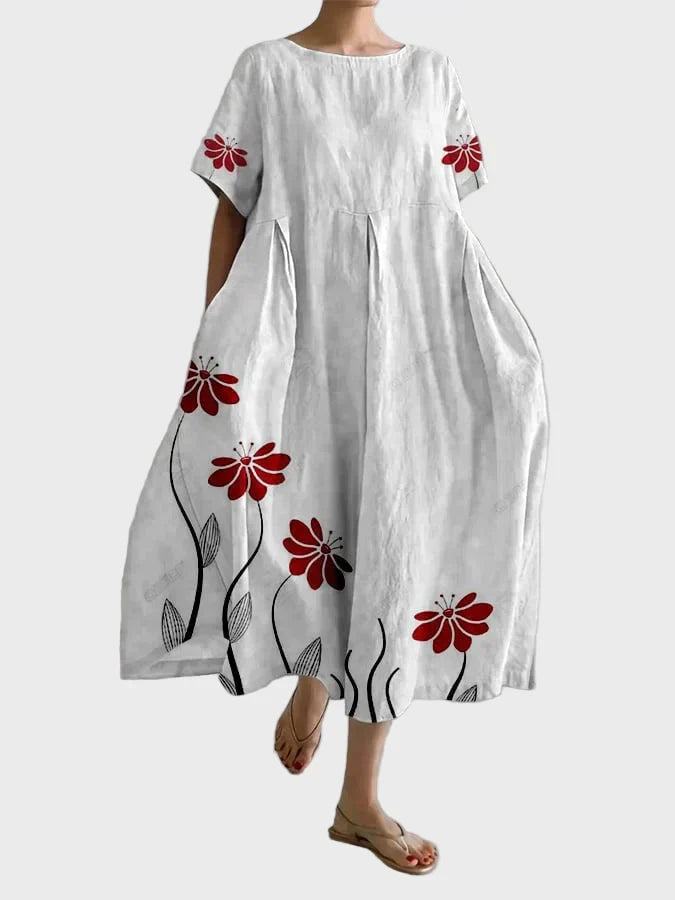 Kleid Damen Blumenmuster Weiss Rot Weiter Schnitt
