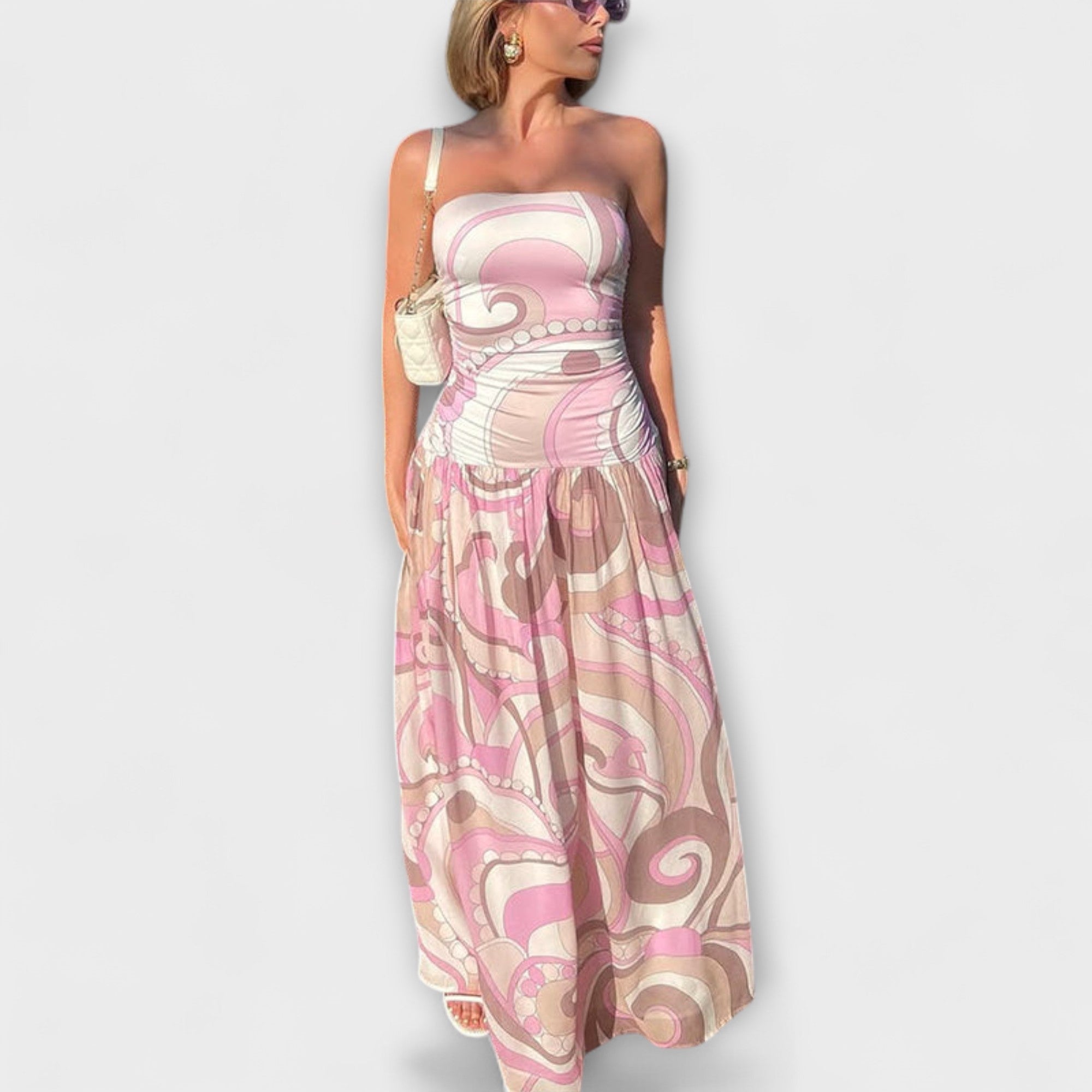 Tatum - Atemberaubendes pastellfarbenes schulterfreies Maxikleid
