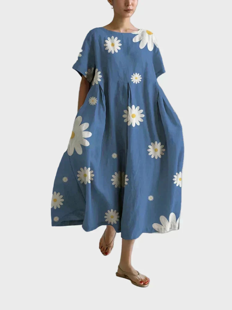 Kleid Damen Margeritenmuster Blau Weiss Weiter Schnitt Sommer