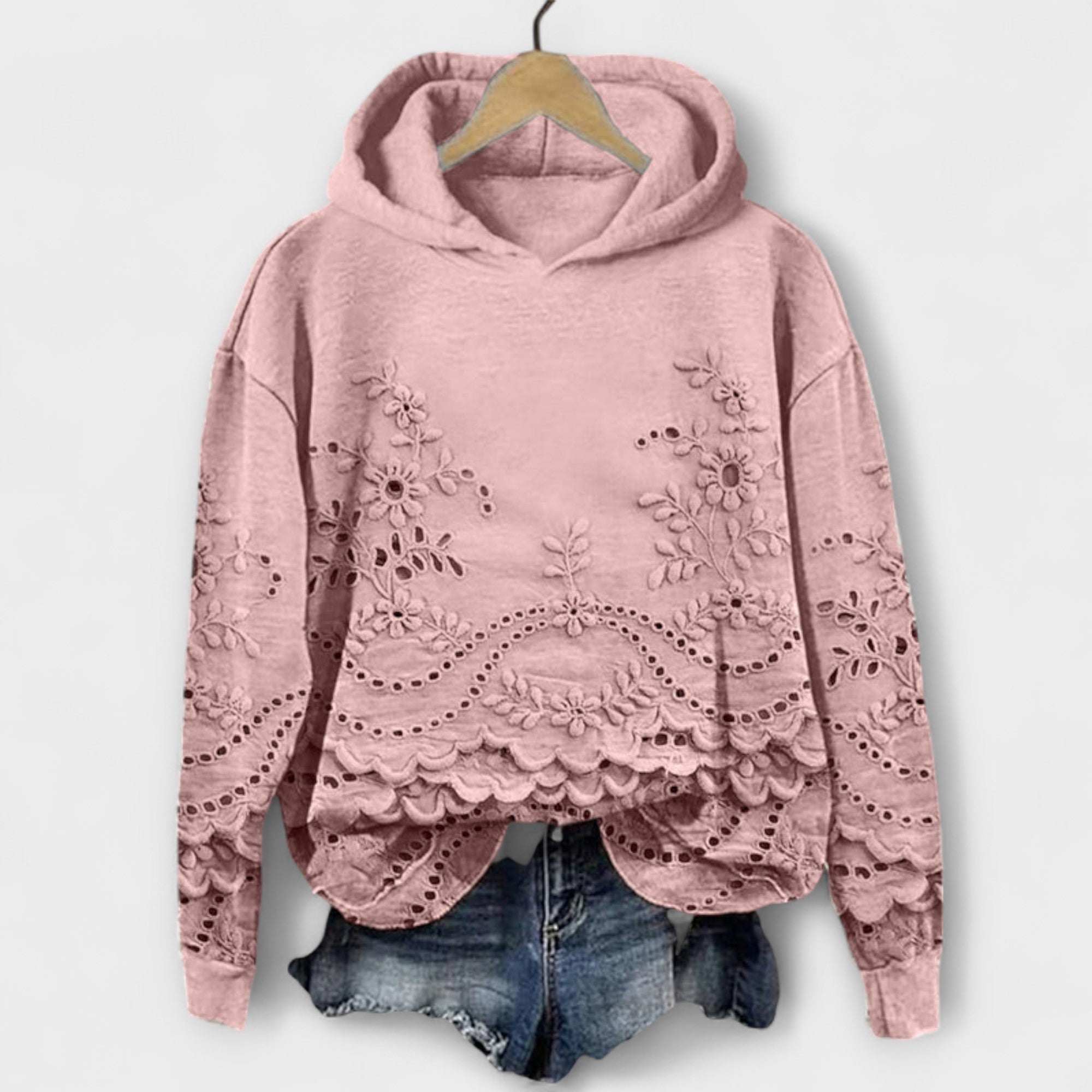 Kapuzenpullover Damen Blumenmuster Bestickt Vintage Rosa – Grace