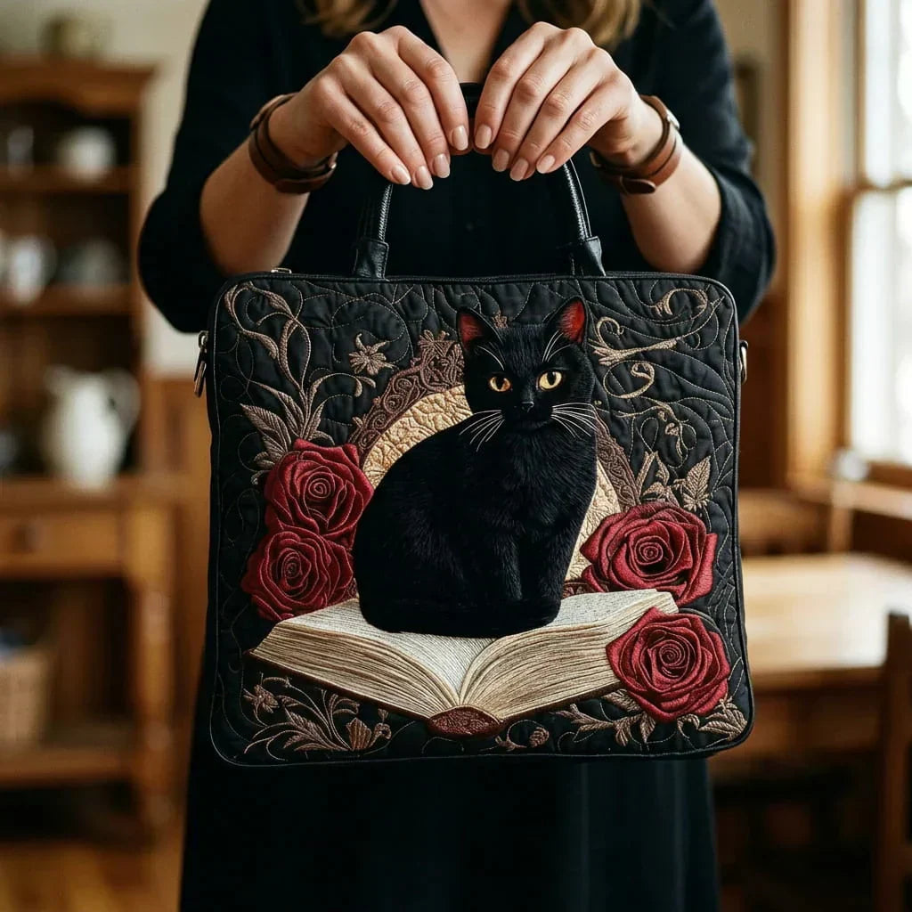 Gesteppte Tasche - Schwarze Katze und Bücher