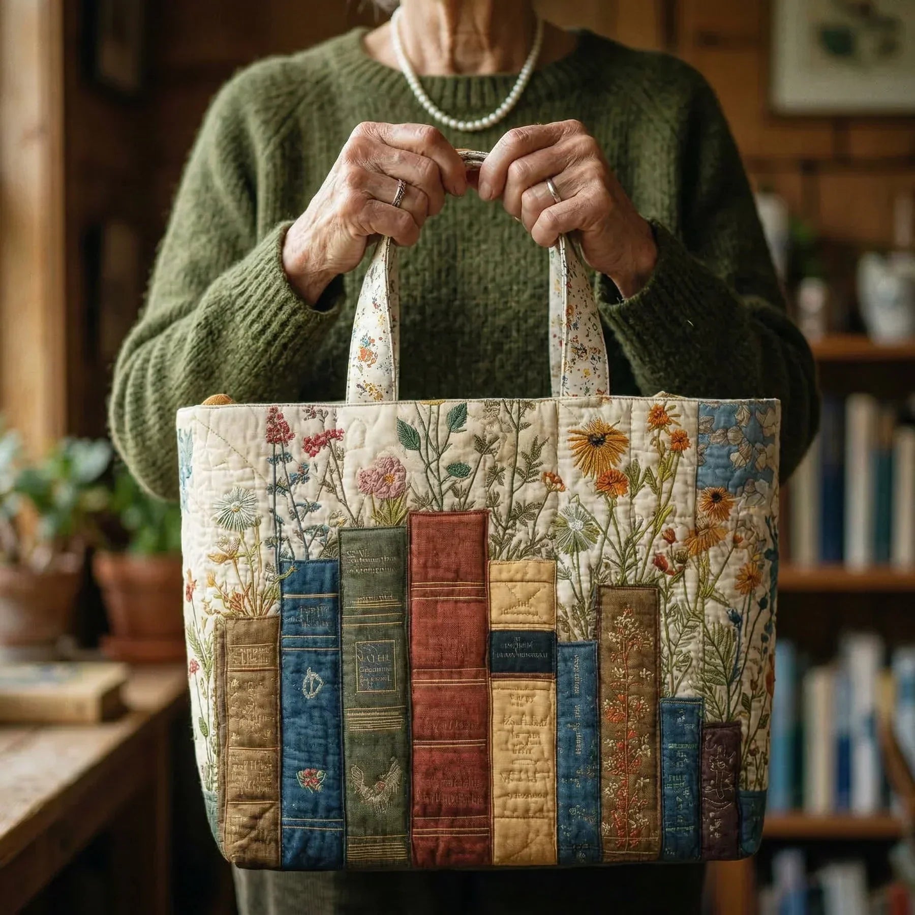 Gesteppte Tasche - Bücher und Blumen