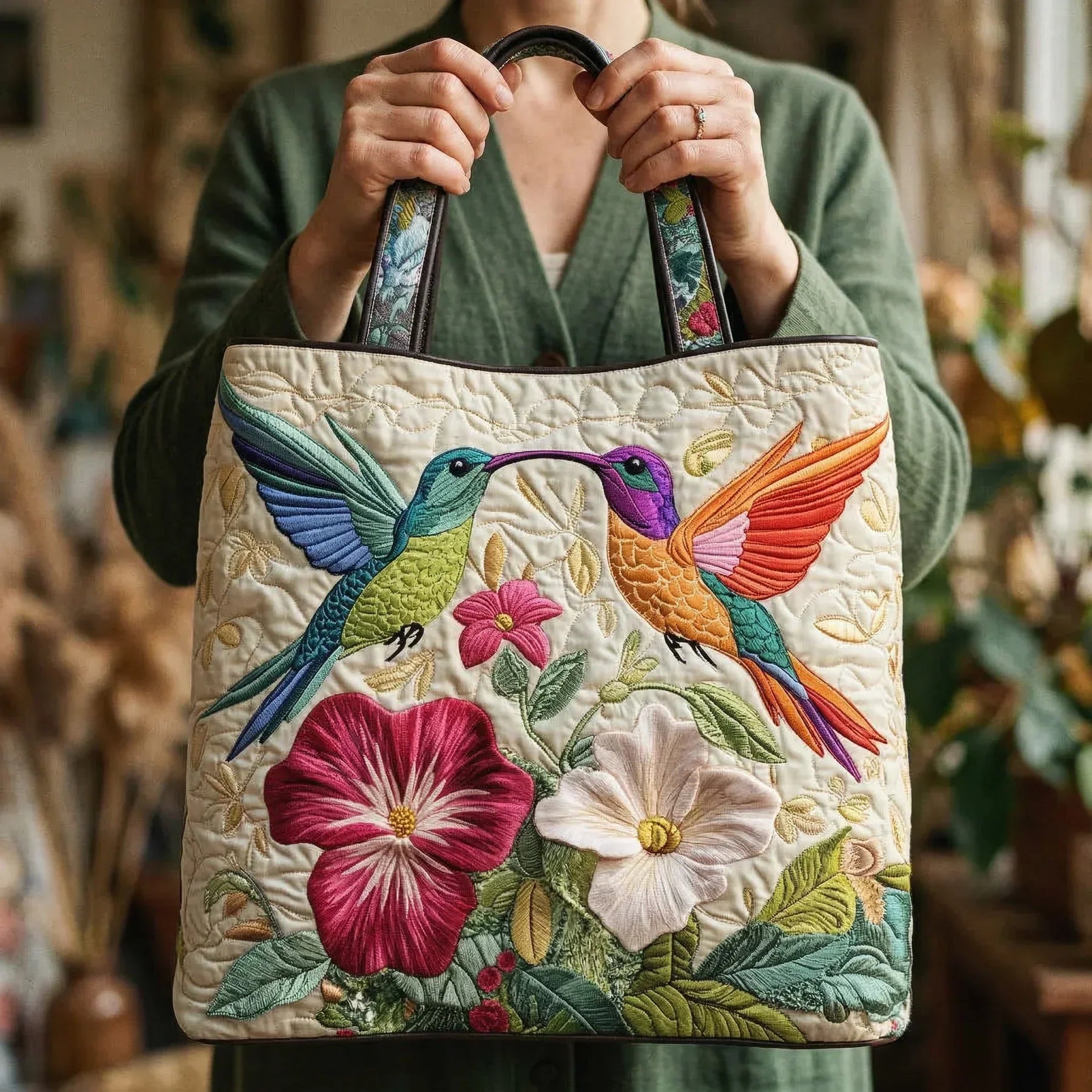 Gesteppte Tasche - Kolibri und weisse Blüten