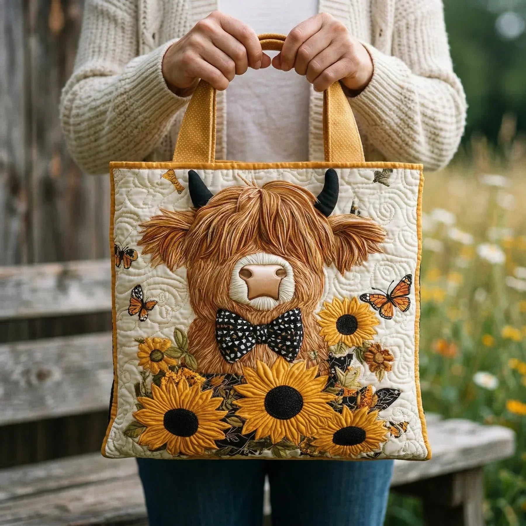 Gesteppte Tasche - Highland Rind und Sonnenblumen