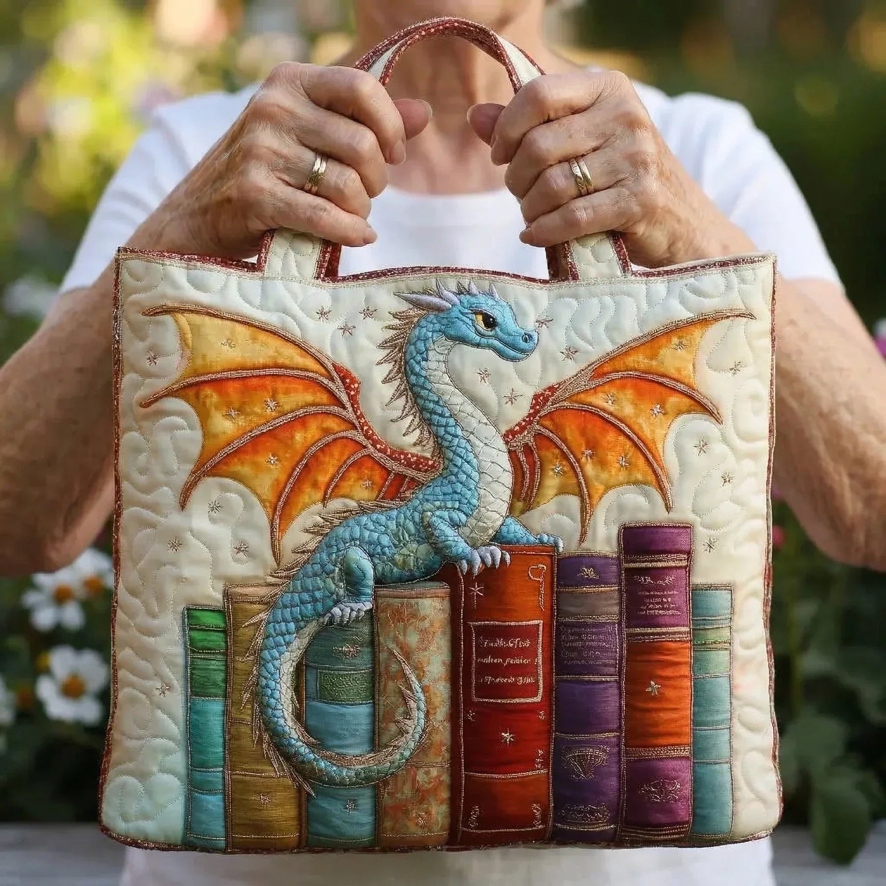 Gesteppte Tasche - Grüner Drache, Hüter der Bücher