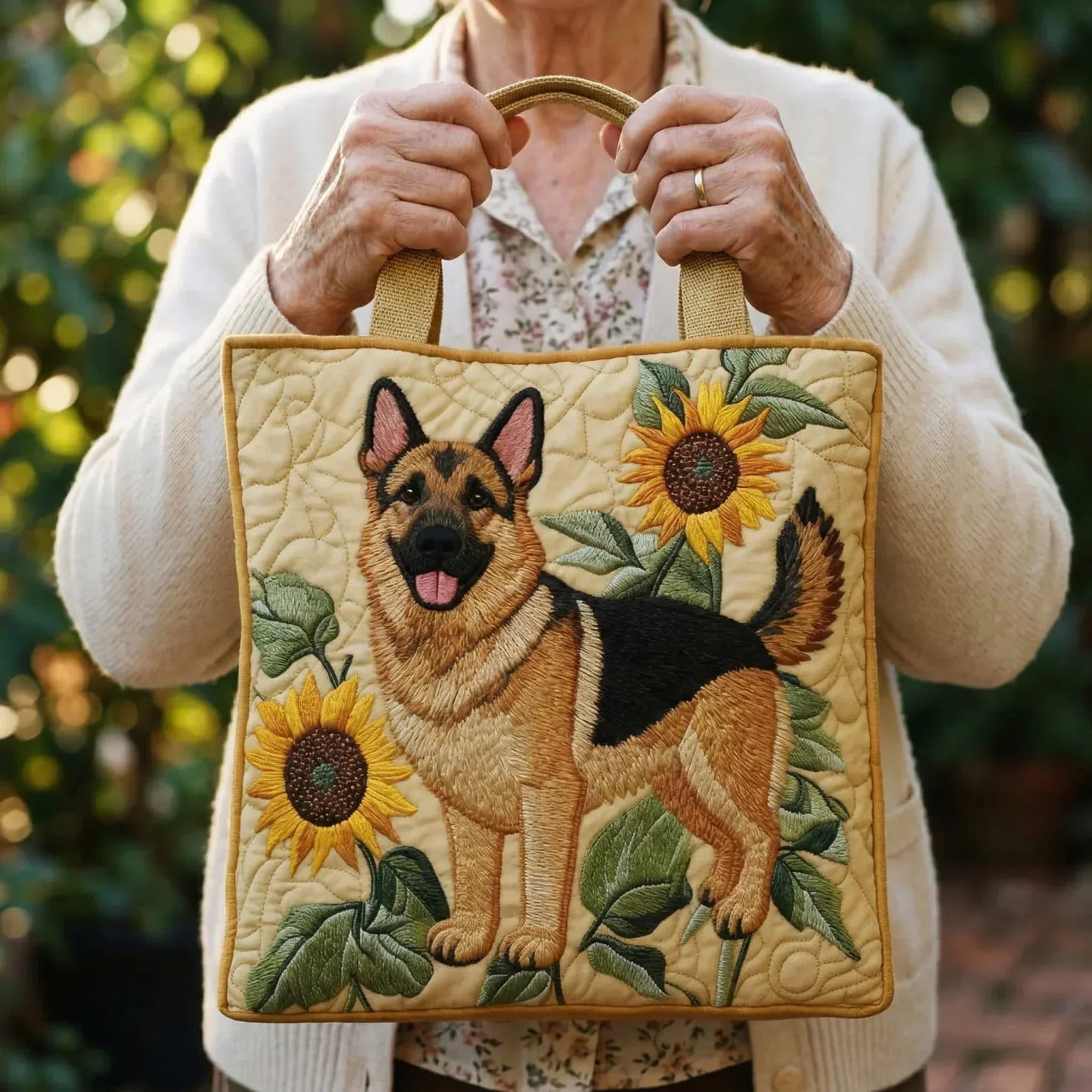 Gesteppte Tasche - Schäferhund mit Blumen