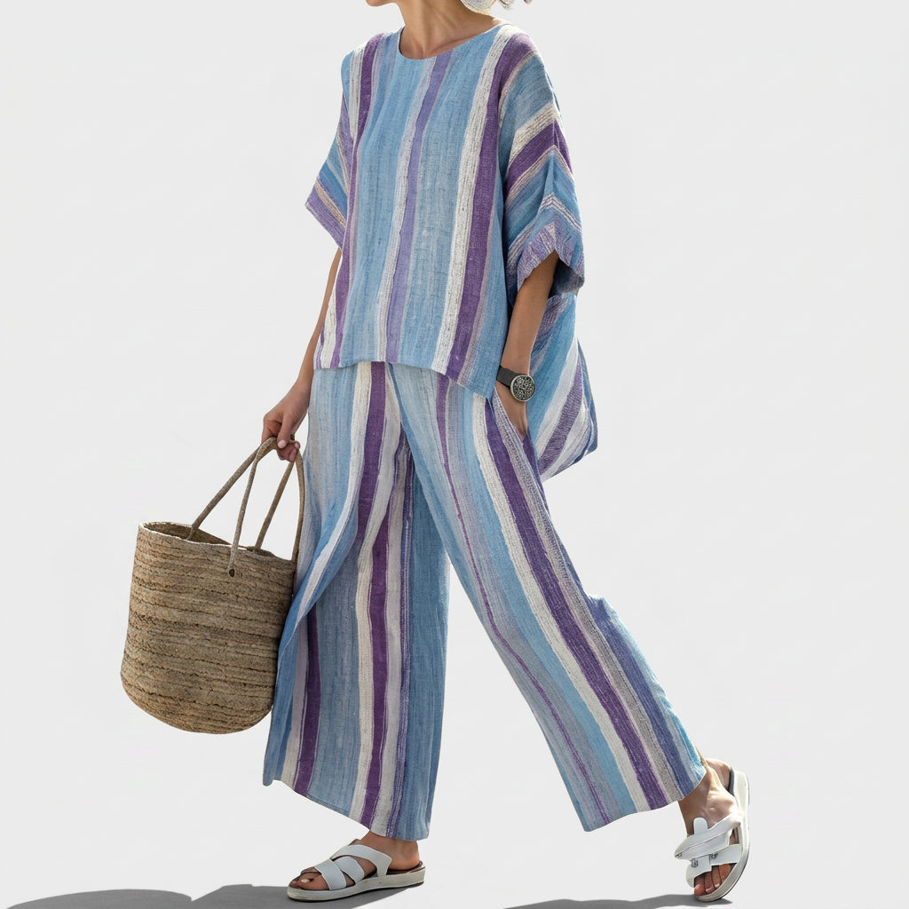 Zweiteiler Damen Streifenmuster Bluse Weite Hose Leinen – Laura